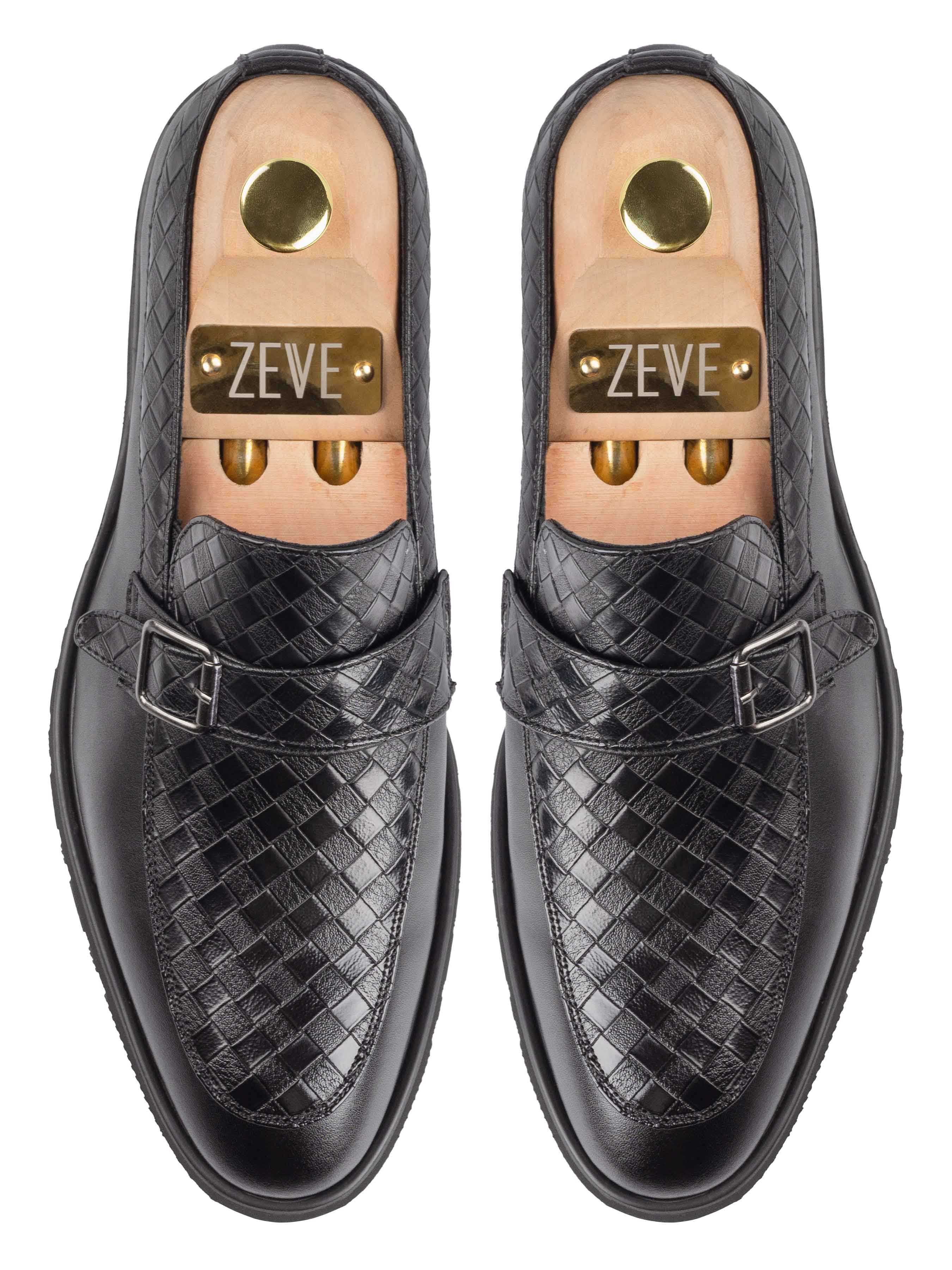 Oliver Single Strap Monk Loafer - Black Woven Leather (Flexi-Sole)