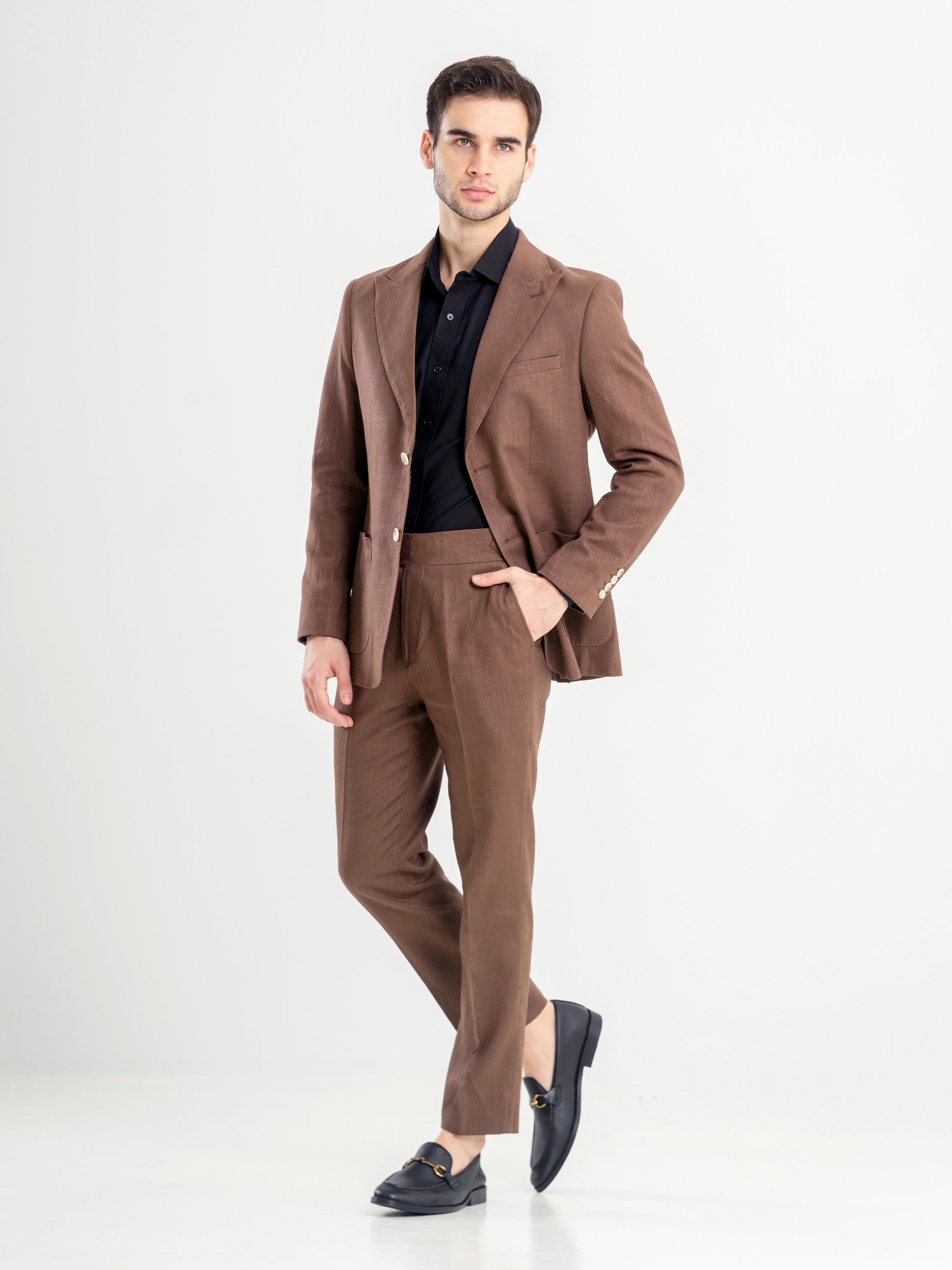 Trousers With Side Adjusters -  Linen Coffee Plain