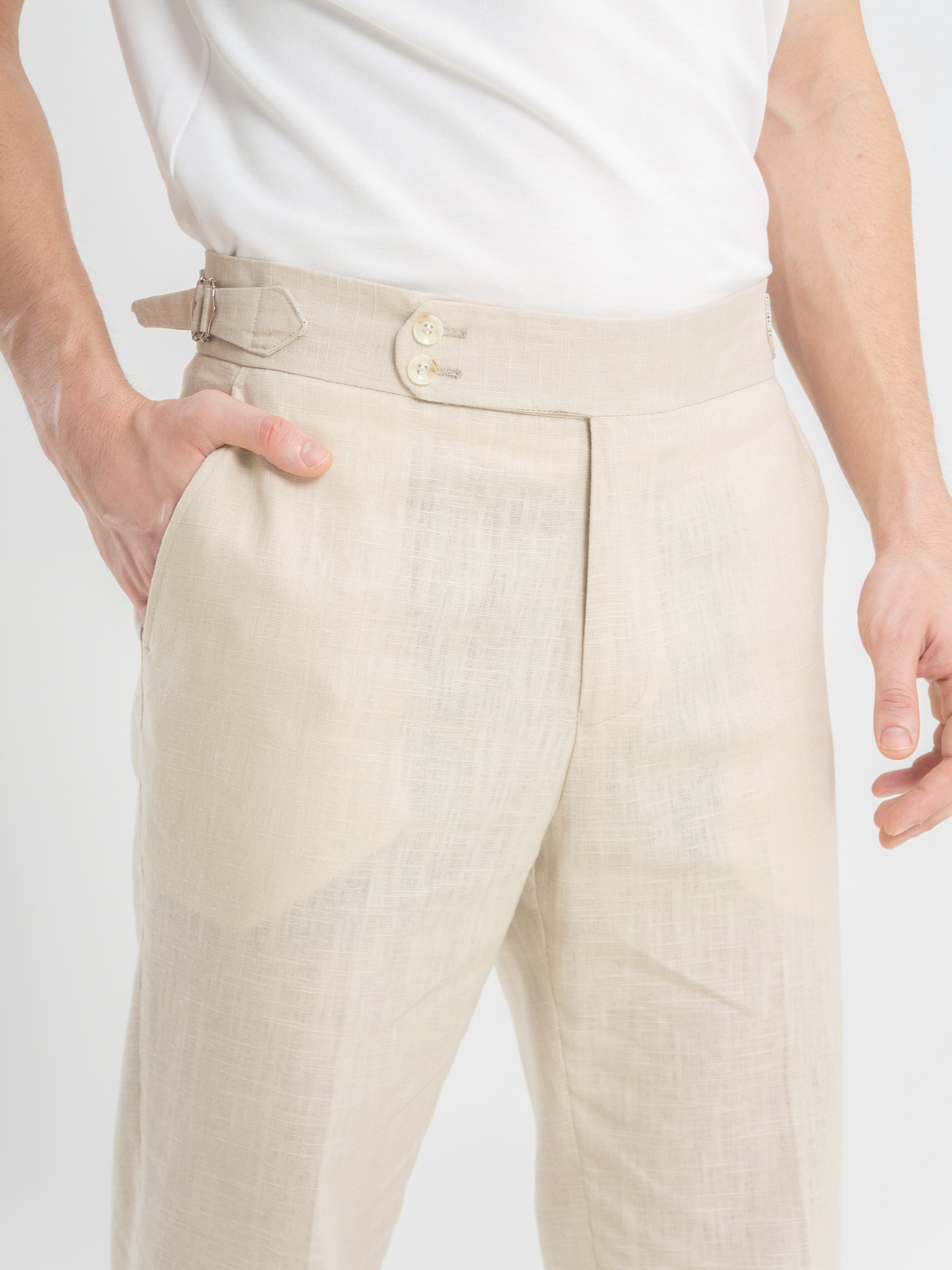 Trousers With Side Adjusters -  Linen Cream Plain