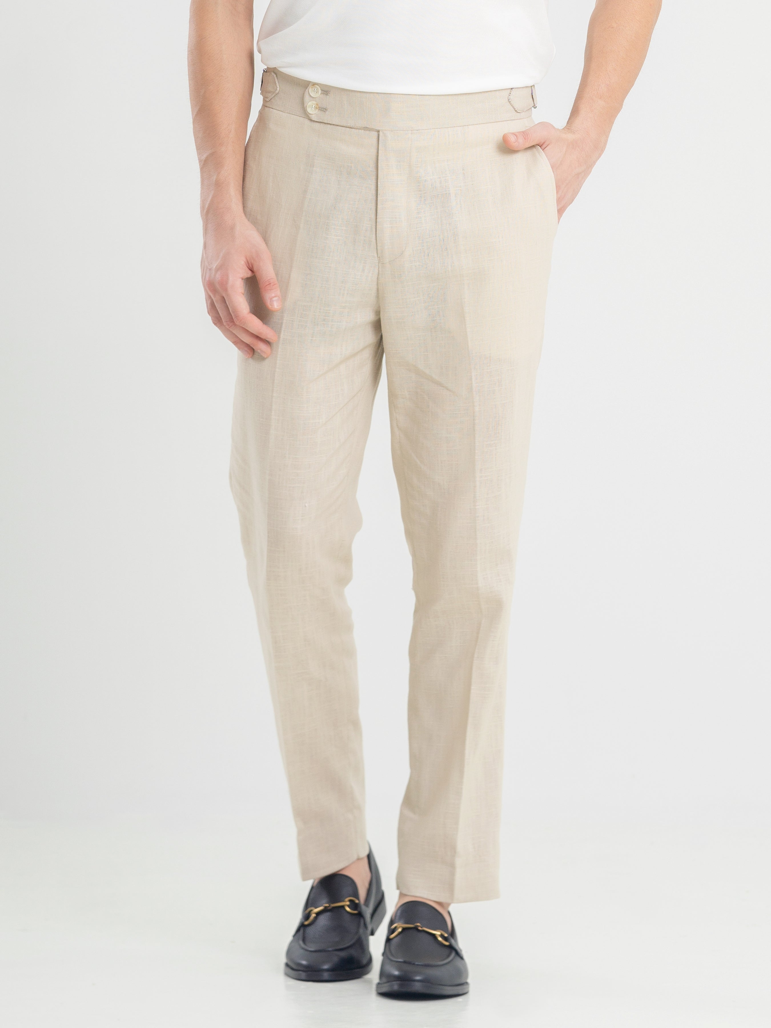 Trousers With Side Adjusters -  Linen Cream Plain