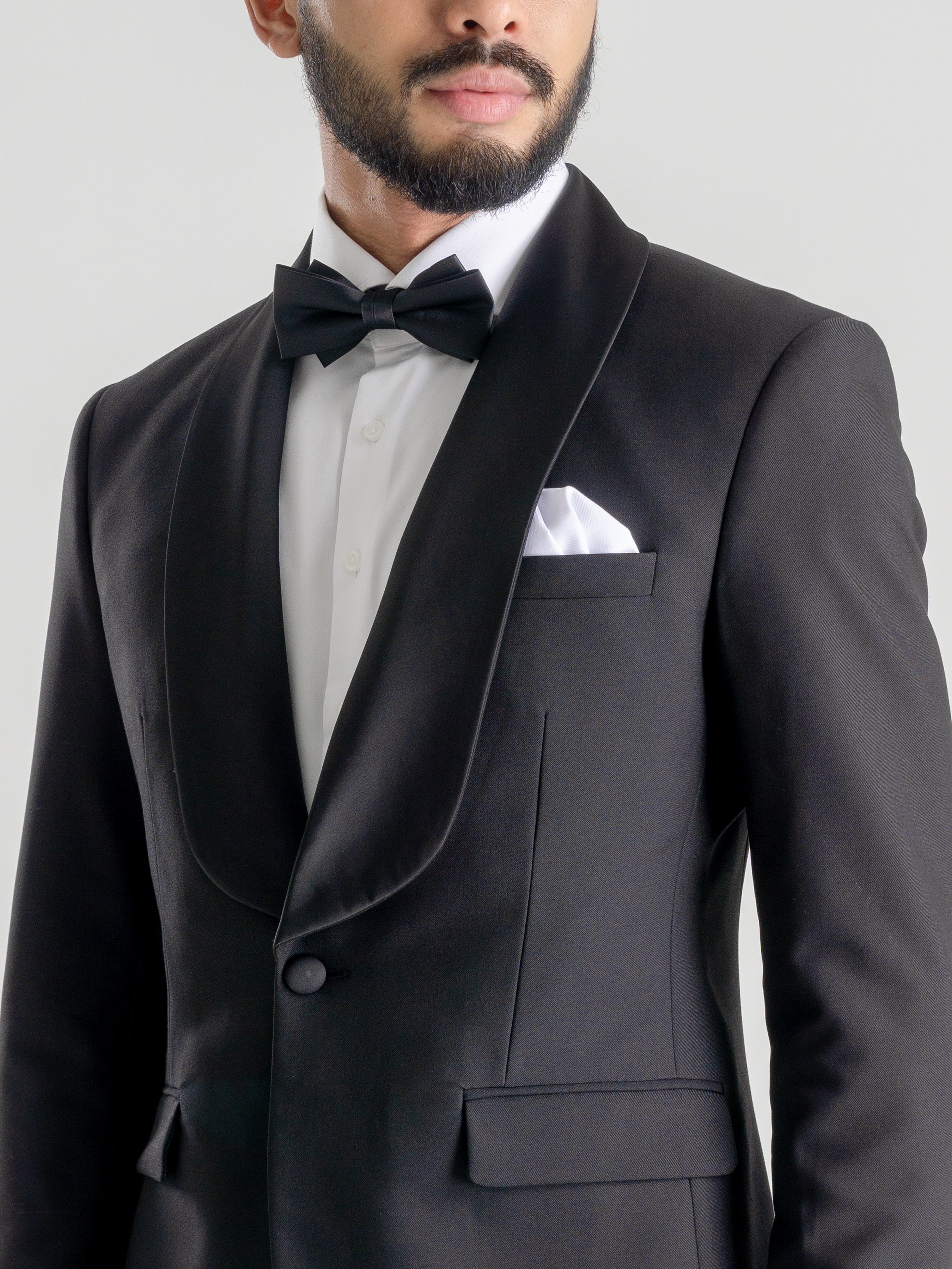 Single Breasted Tuxedo Blazer - Black Plain (Shawl Lapel)