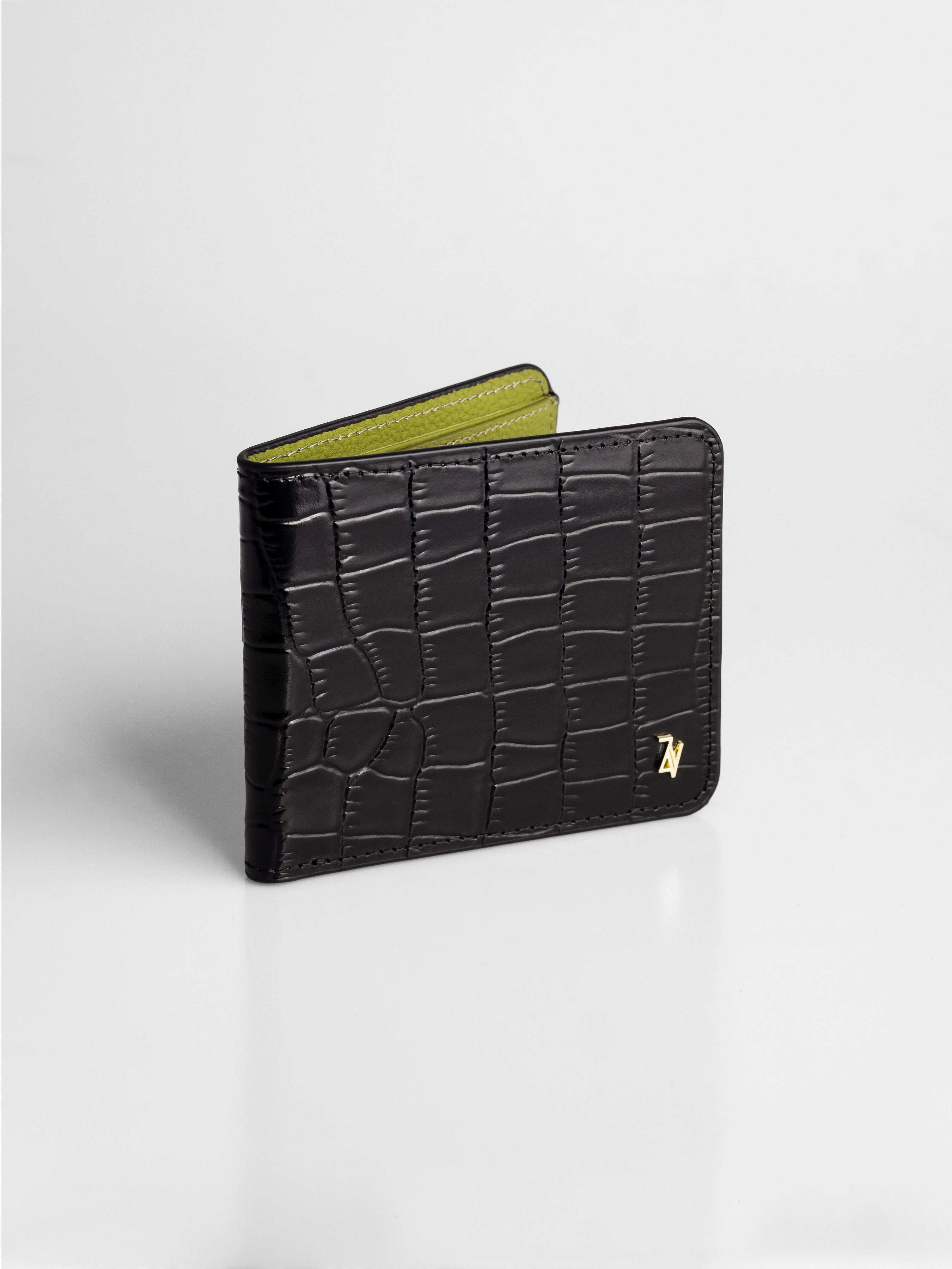 Artemis Croco Wallet - Black and Olive Green Leather