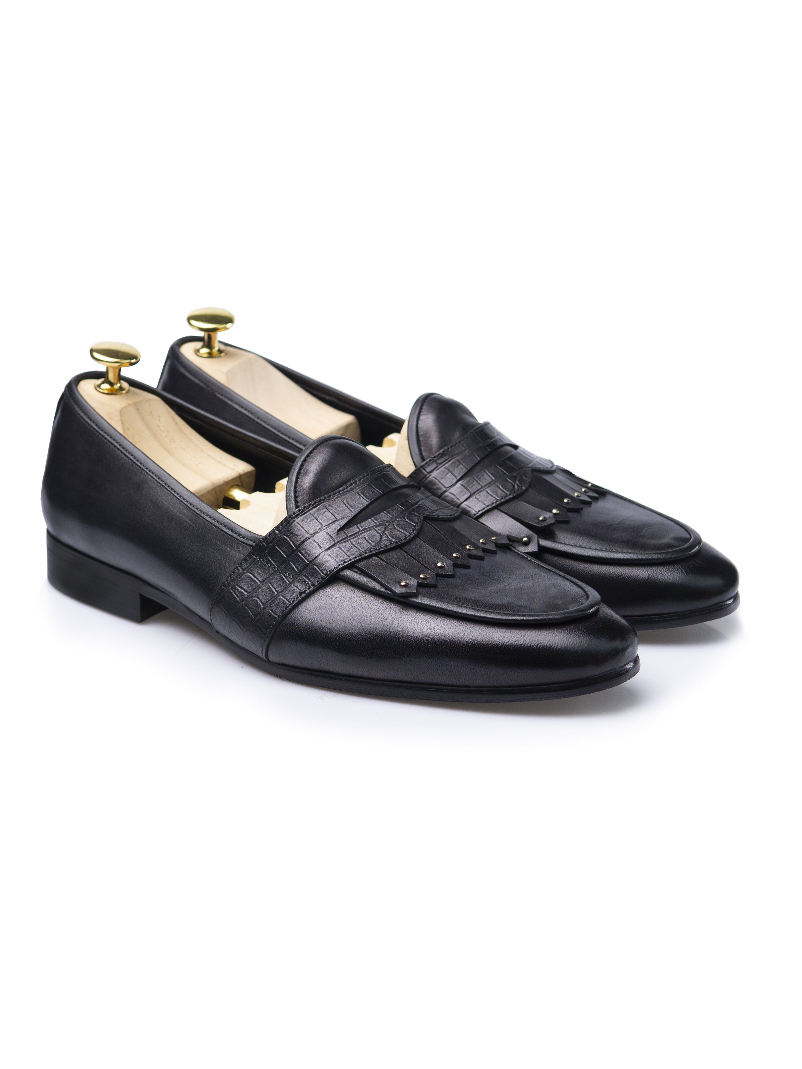 Belgian Loafer - Black Grey Phyton Penny Strap with Studded Fringe (Hand Painted Patina) - Zeve Shoes