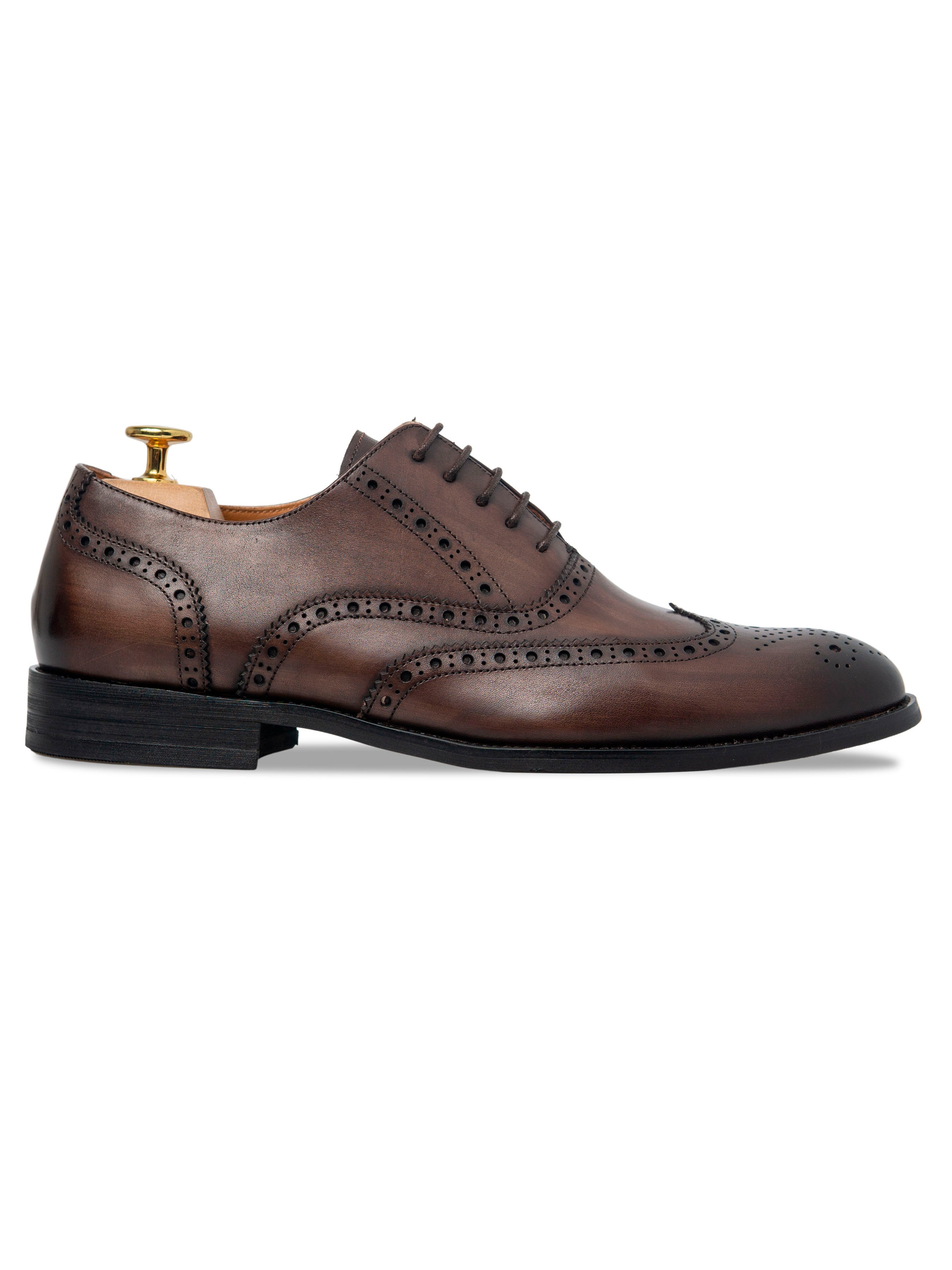 Classic Oxford Brogue Wingtip - Dark Brown Lace Up (Hand Painted Patina)