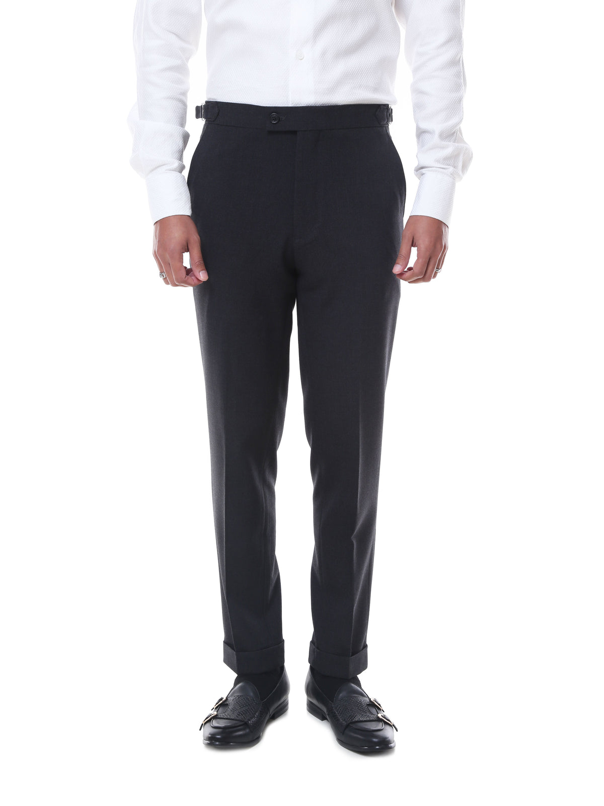 Trousers With Side Adjusters - Dark Grey Plain Cuffed (Stretchable ...