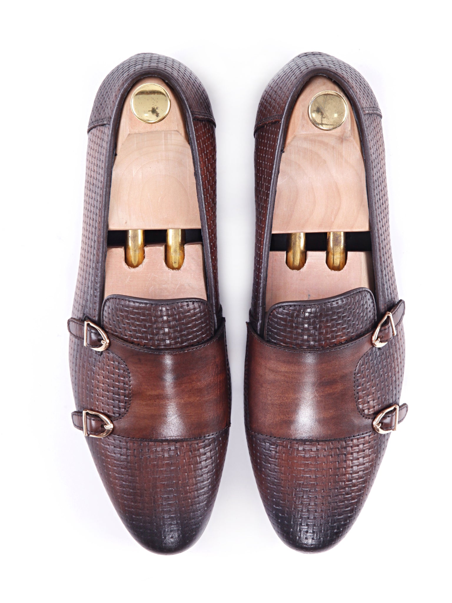 Loafer Slipper - Dark Brown Double Monk Strap with Woven Leather (Hand Painted Patina) - Zeve Shoes