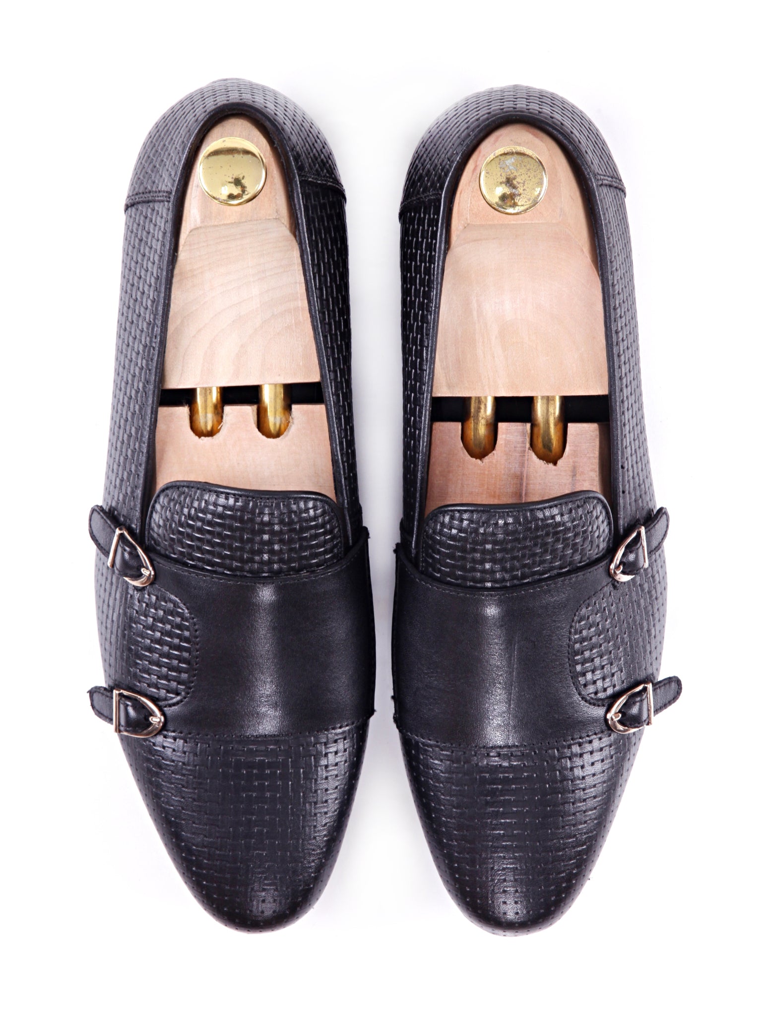Loafer Slipper - Black Double Monk Strap with Woven Leather - Zeve Shoes