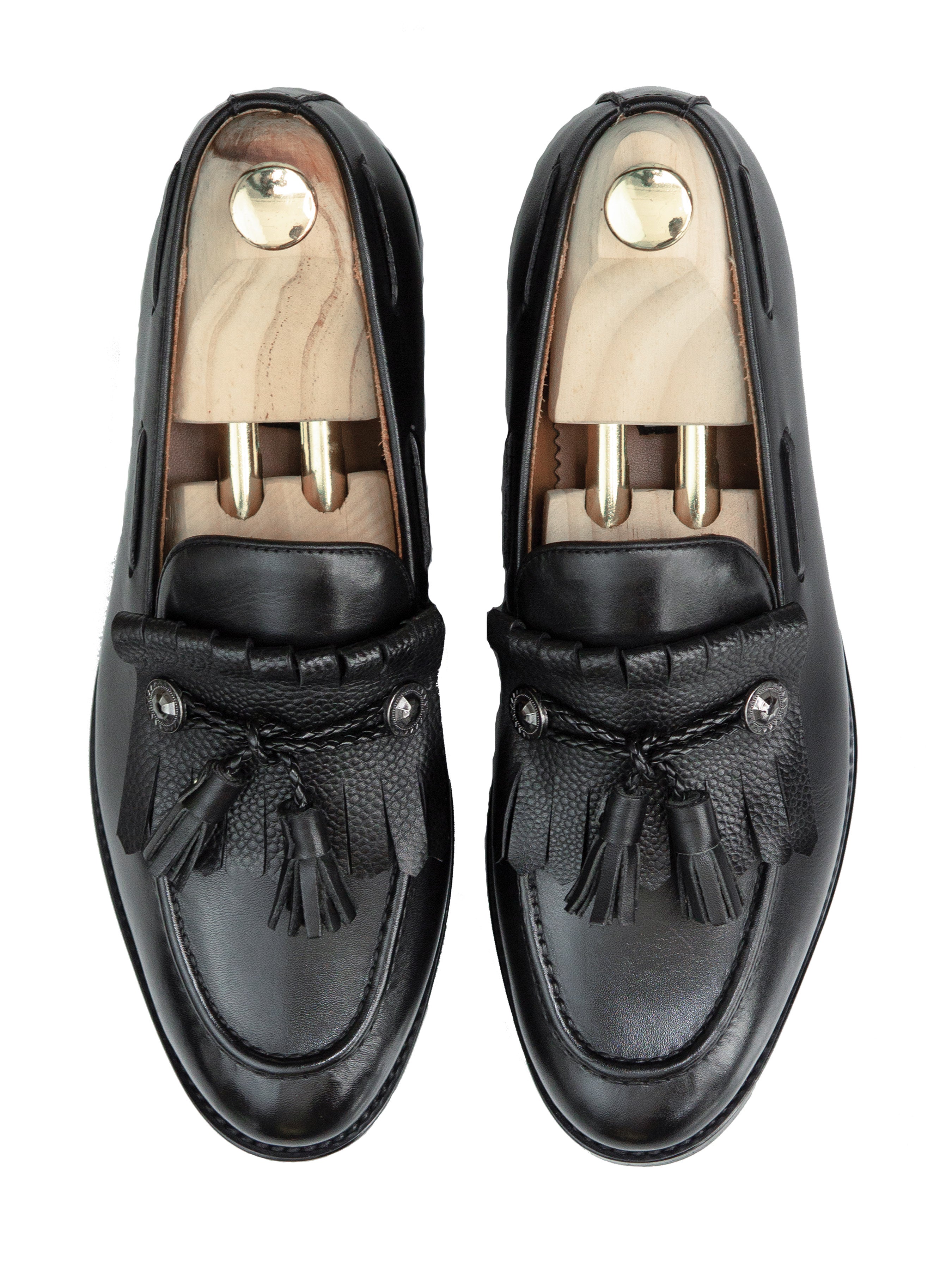 Fringe Ribbon Loafer - Black with Tassel (Hand Painted Patina) - Zeve Shoes
