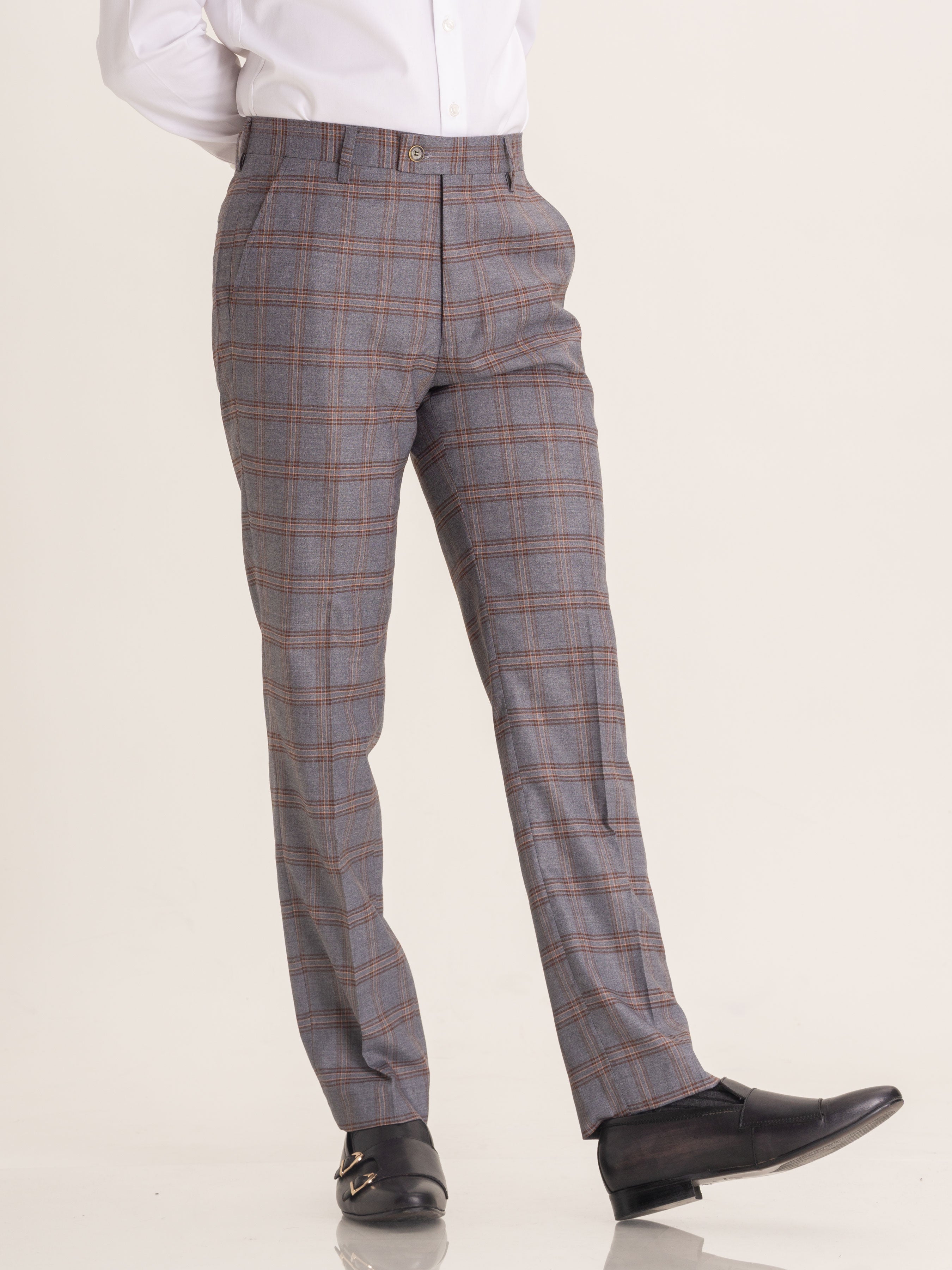 Trousers With Belt Loop - Grey with Brown Checkered (Stretchable) - Zeve Shoes