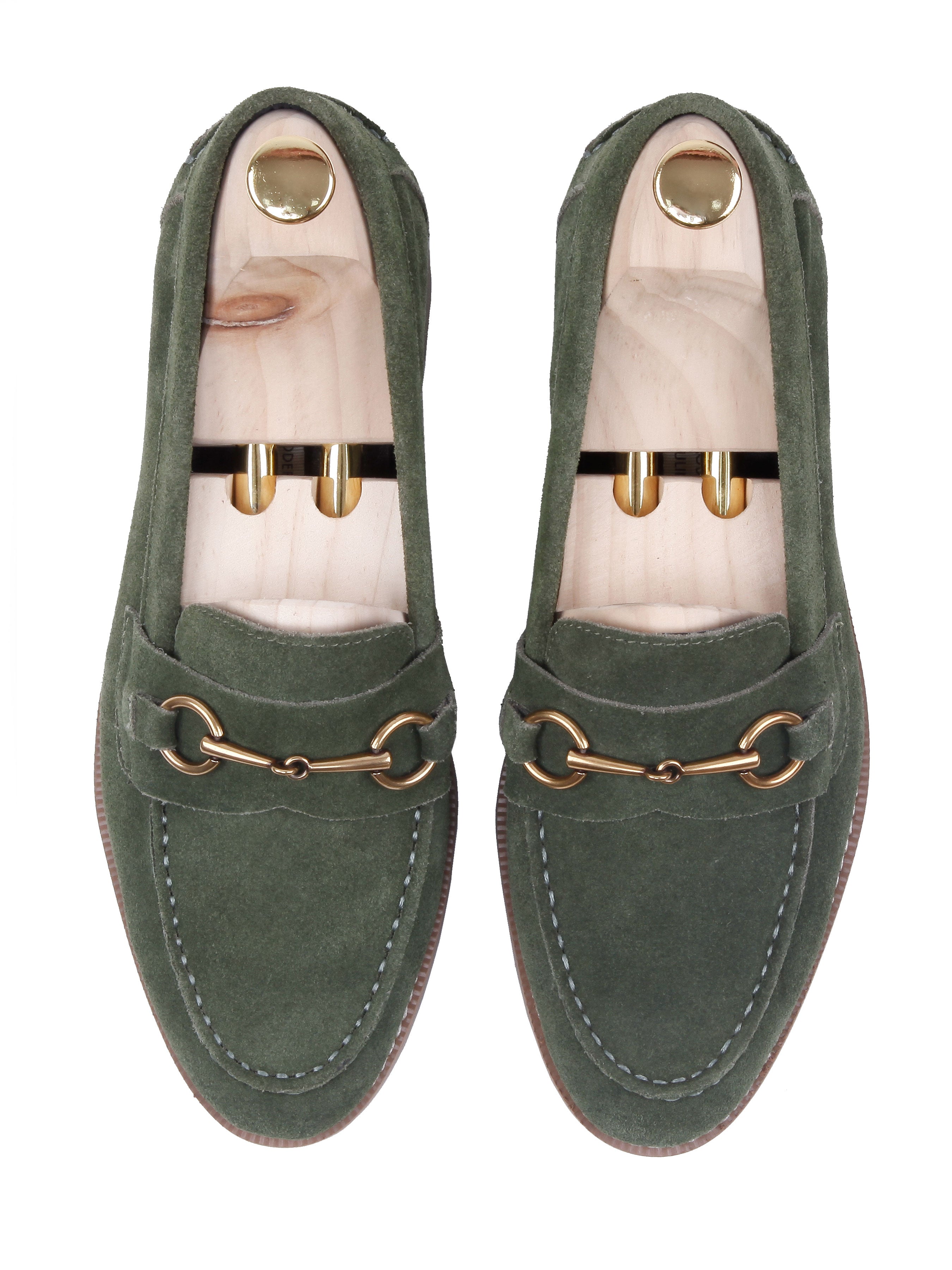 Penny Loafer Horsebit Buckle - Olive Green Suede Leather (Brown Crepe Sole) - Zeve Shoes
