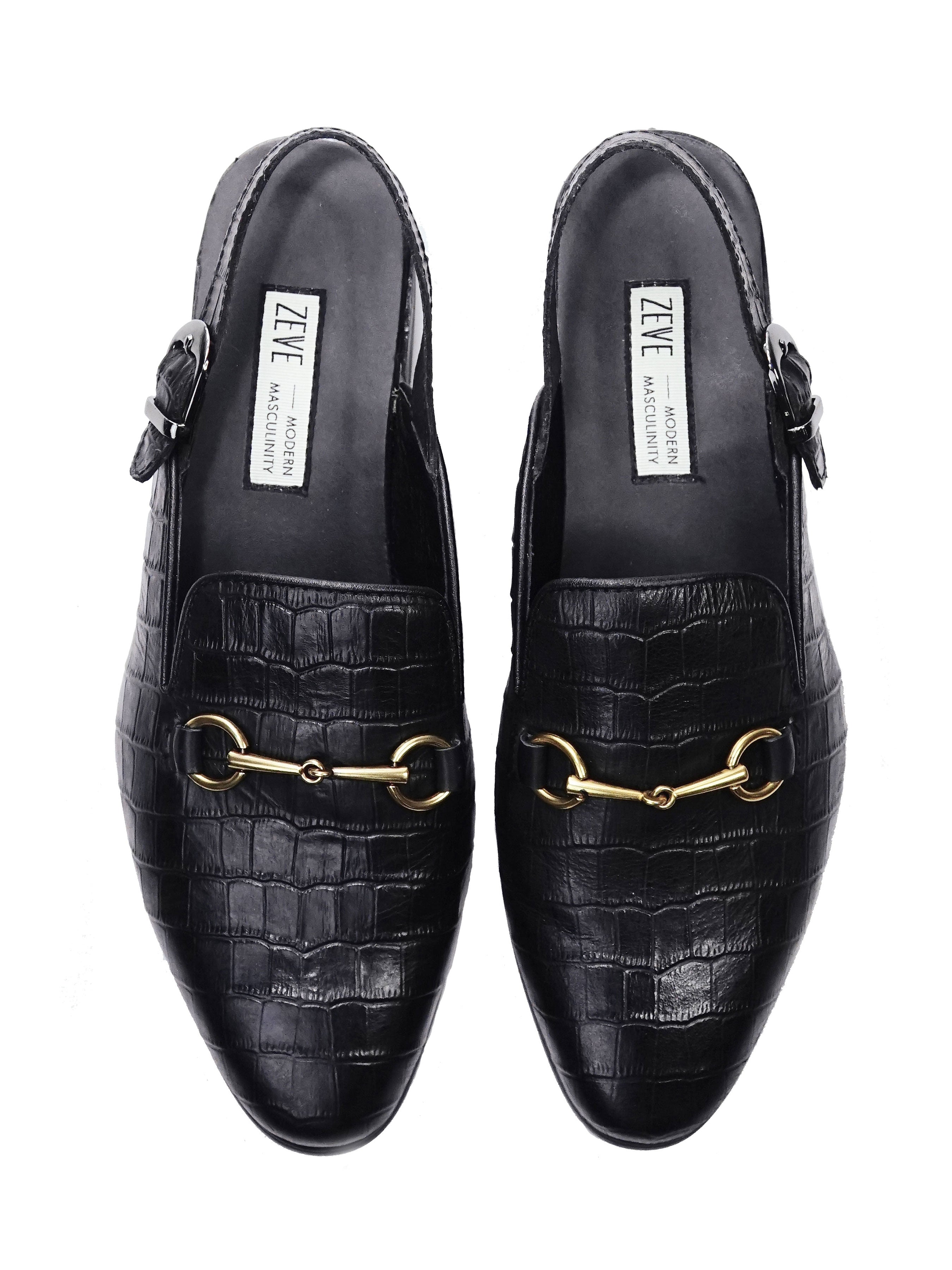 Mules Slingback Strap - Black Croco Leather Horsebit Buckle - Zeve Shoes