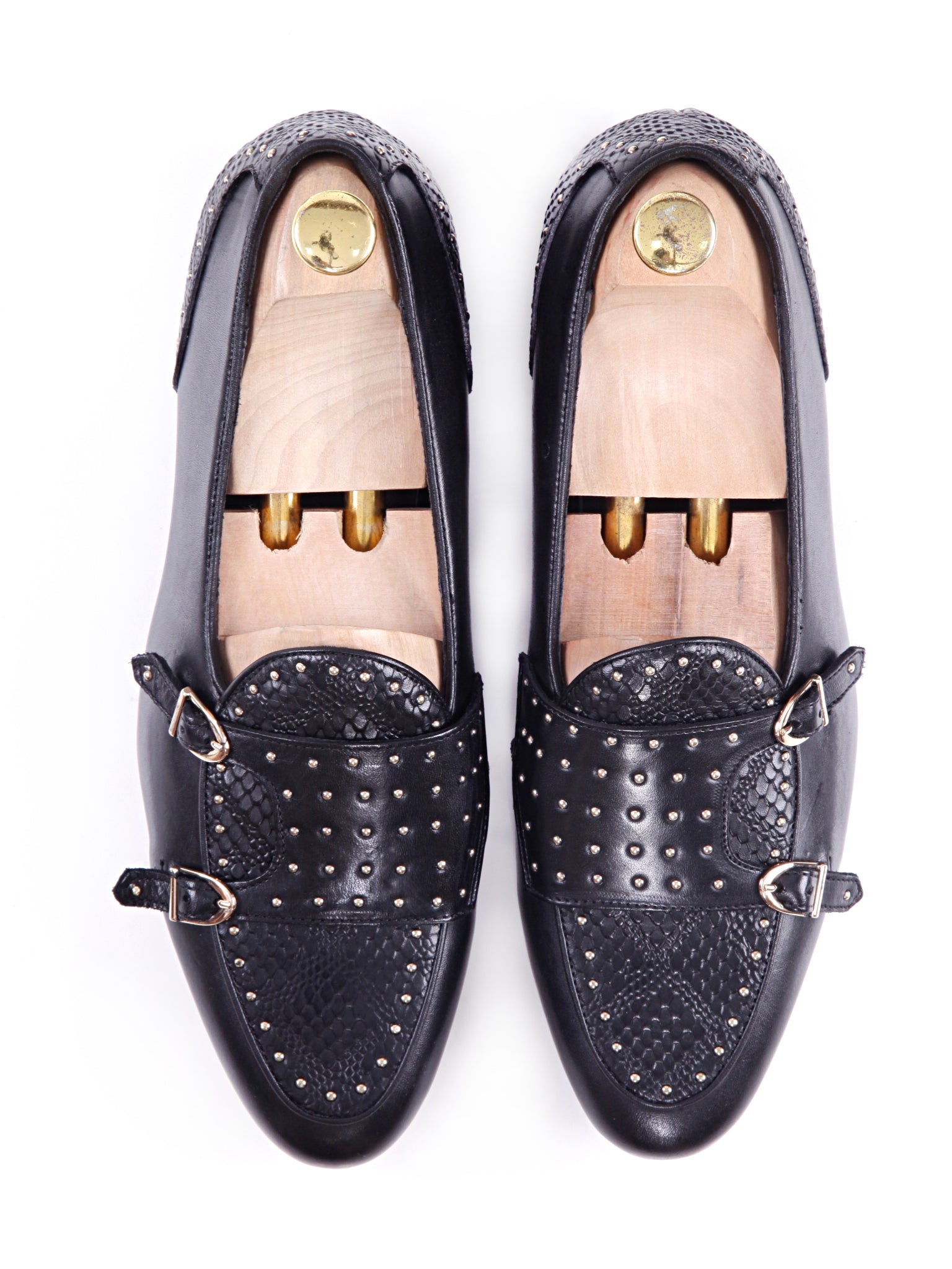 Belgian Loafer - Black Snake Skin Double Monk Strap with Studded - Zeve Shoes
