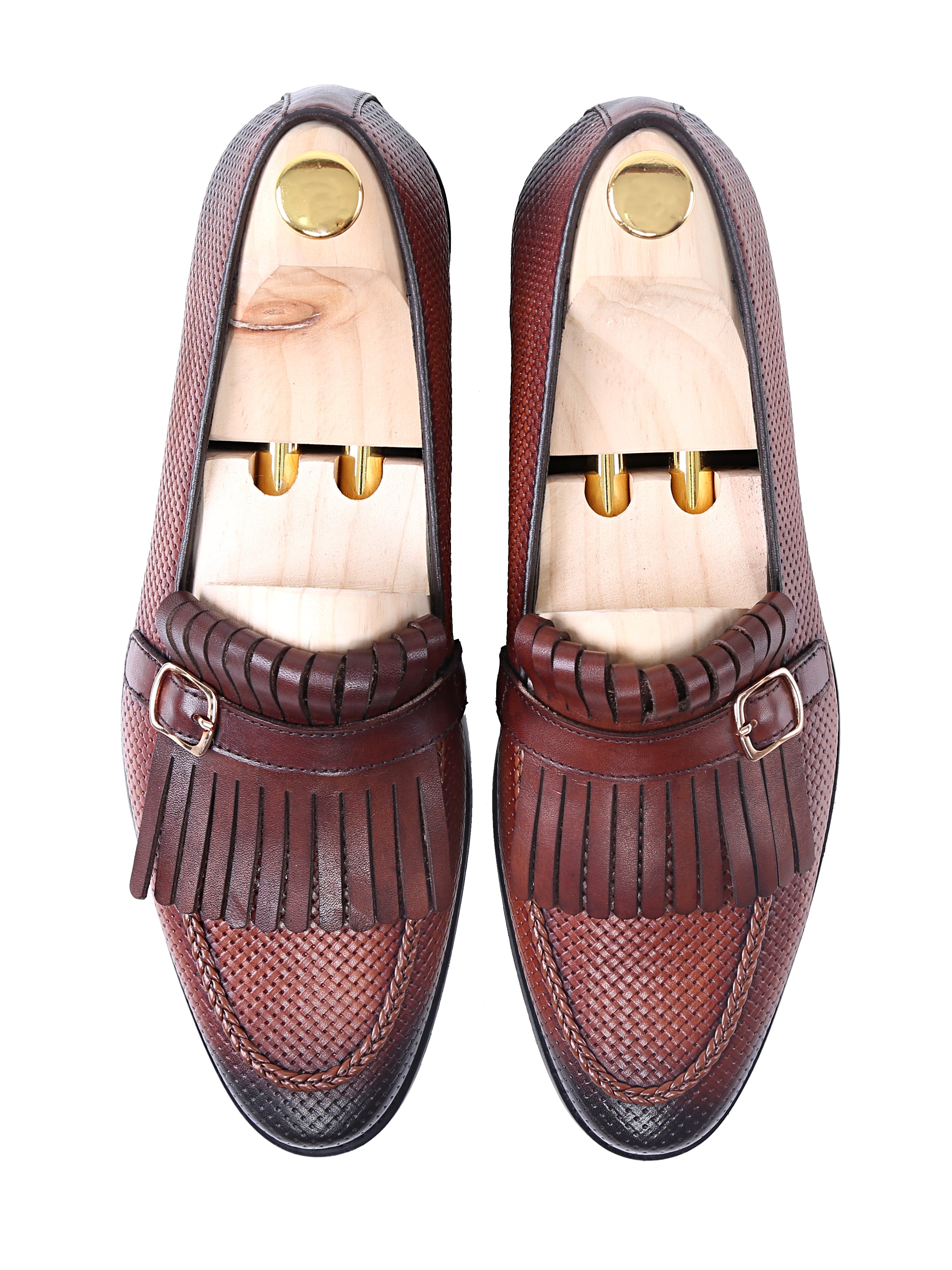 Fringe Kiltie Loafer - Cognac Tan Woven Leather with Side Buckle (Hand Painted Patina) - Zeve Shoes