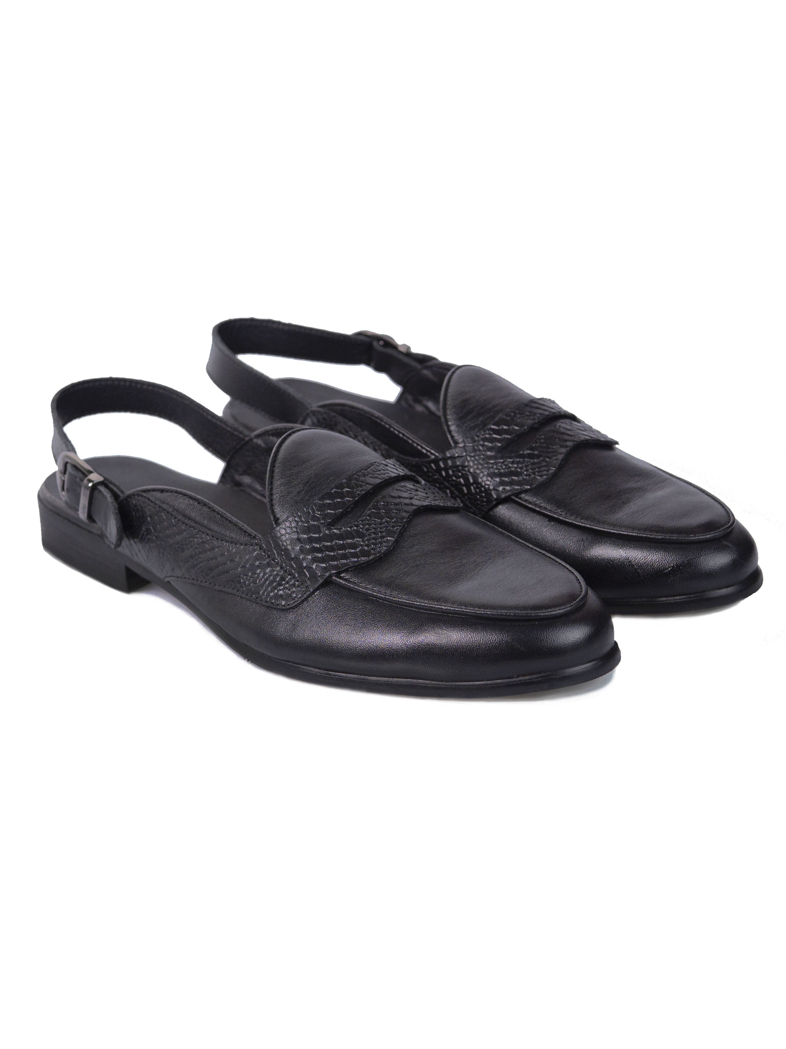 Mules Belgian Penny Slingback Strap - Black Leather (Phyton Embossed Strap) - Zeve Shoes