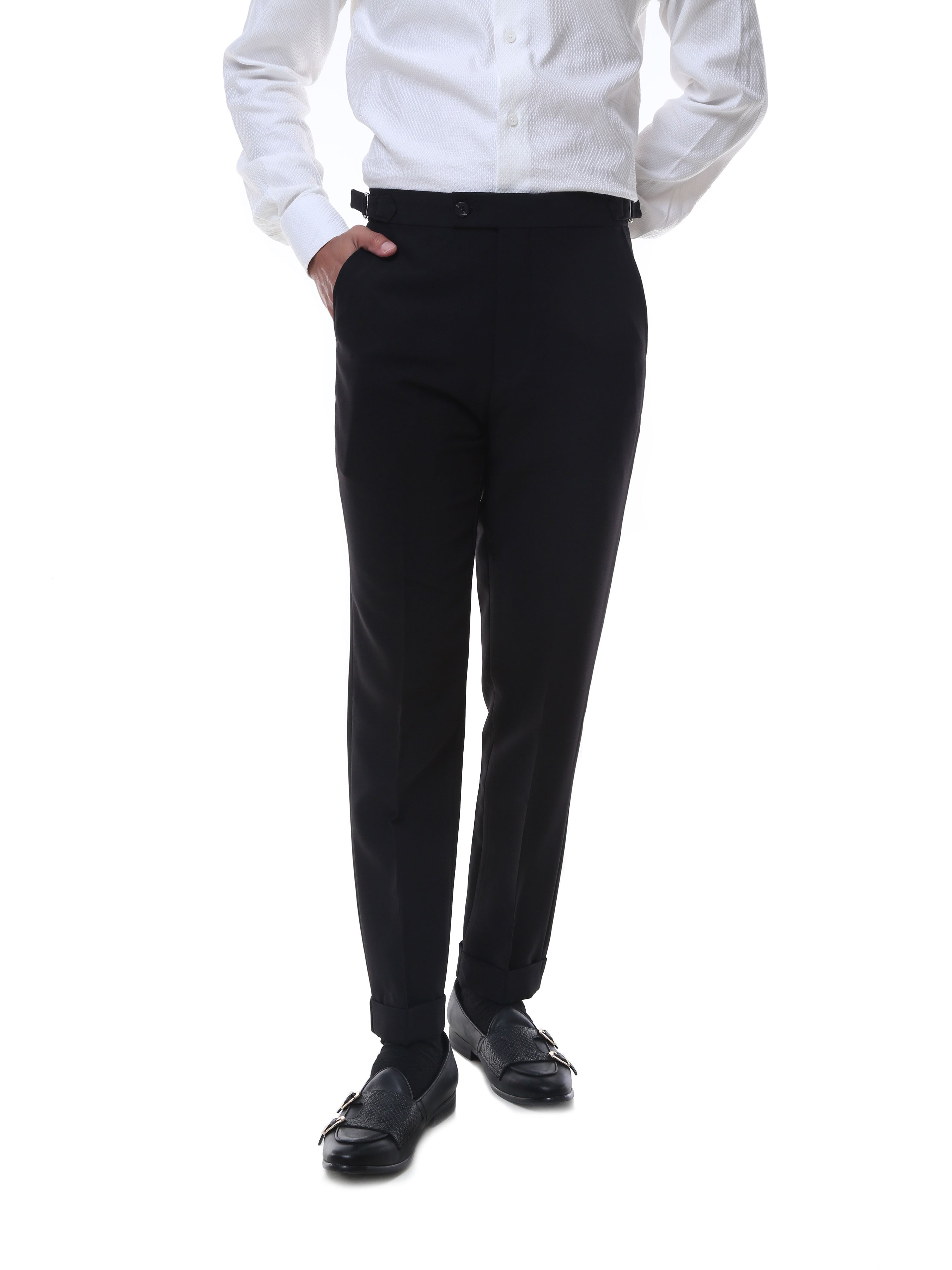 Trousers With Side Adjusters - Black Plain Cuffed (Stretchable) - Zeve Shoes
