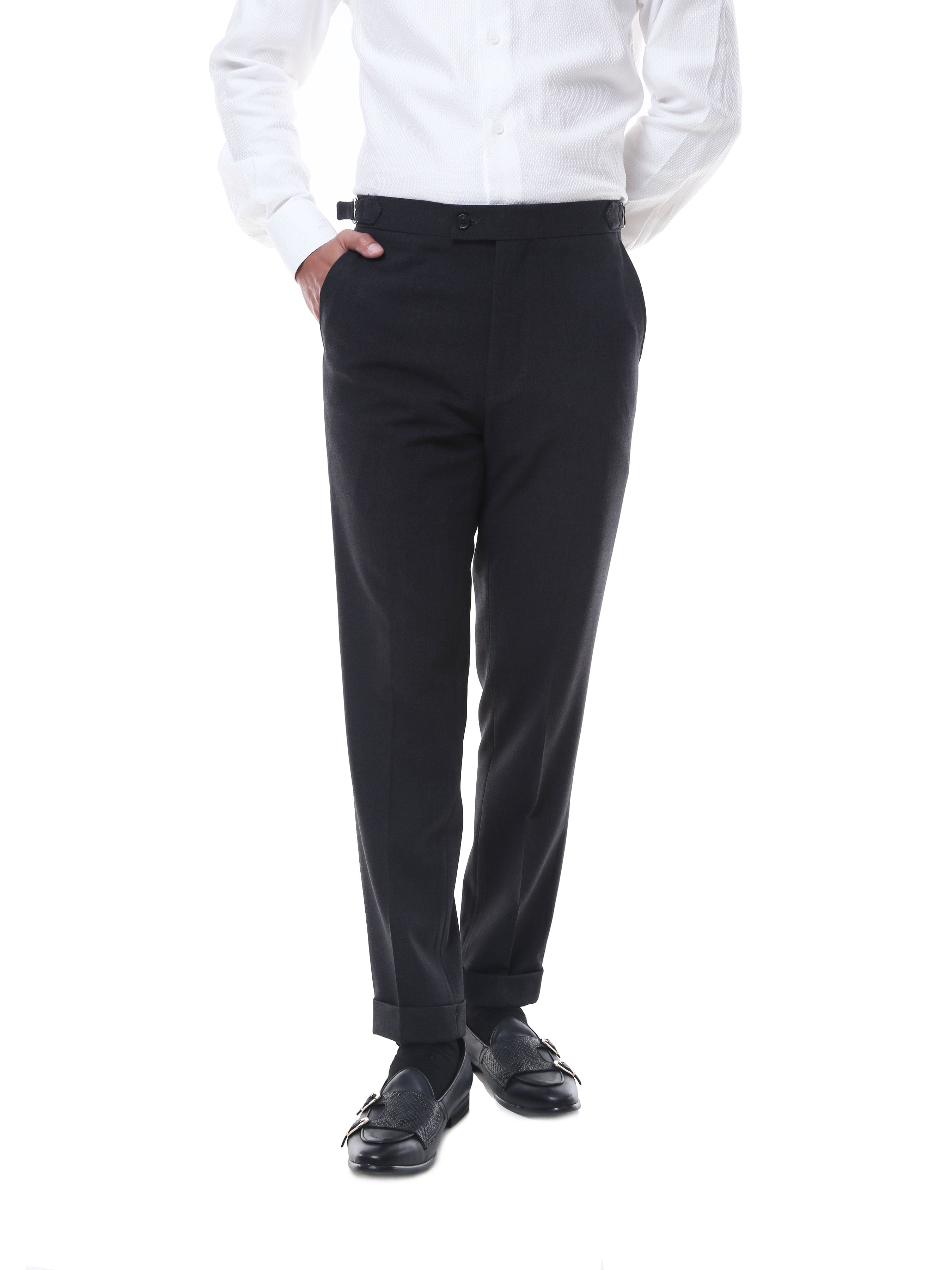 Trousers With Side Adjusters - Dark Grey Plain Cuffed (Stretchable) - Zeve Shoes