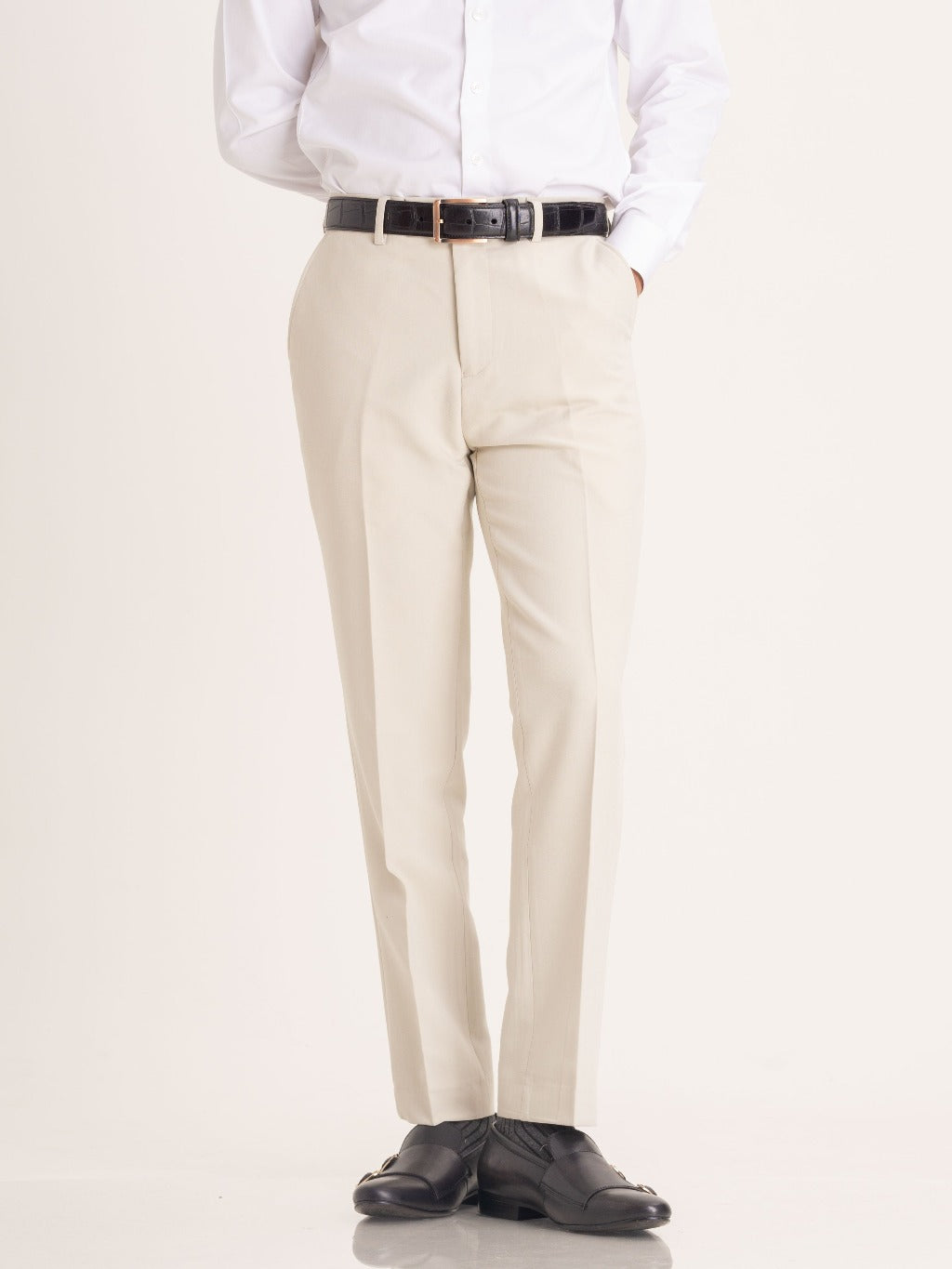 Trousers With Belt Loop - Sand White Plain (Stretchable) - Zeve Shoes