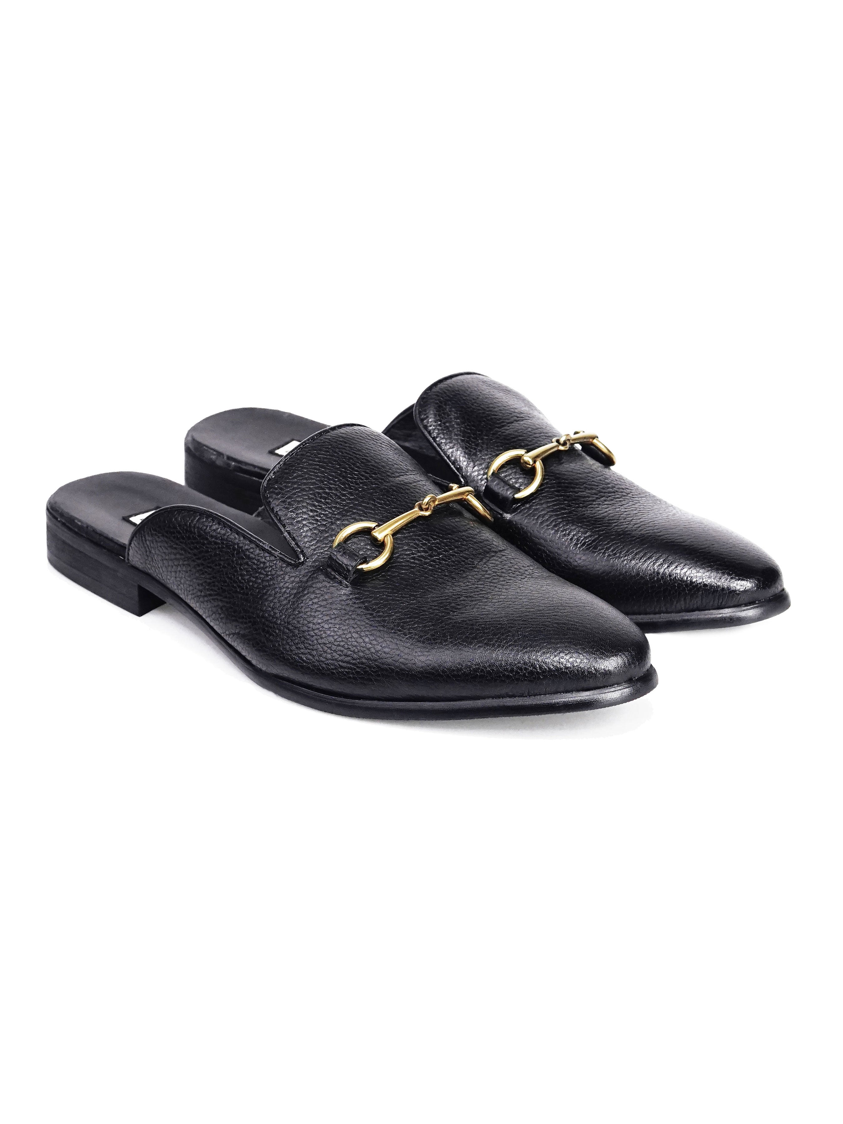 Mules - Black Pebble Grain Leather Horsebit Buckle - Zeve Shoes