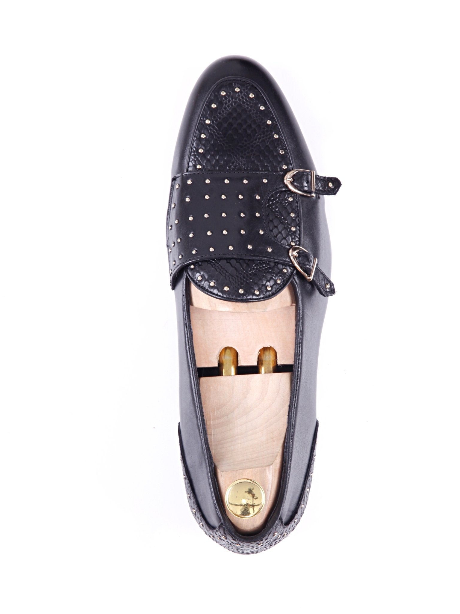 Belgian Loafer - Black Snake Skin Double Monk Strap with Studded - Zeve Shoes