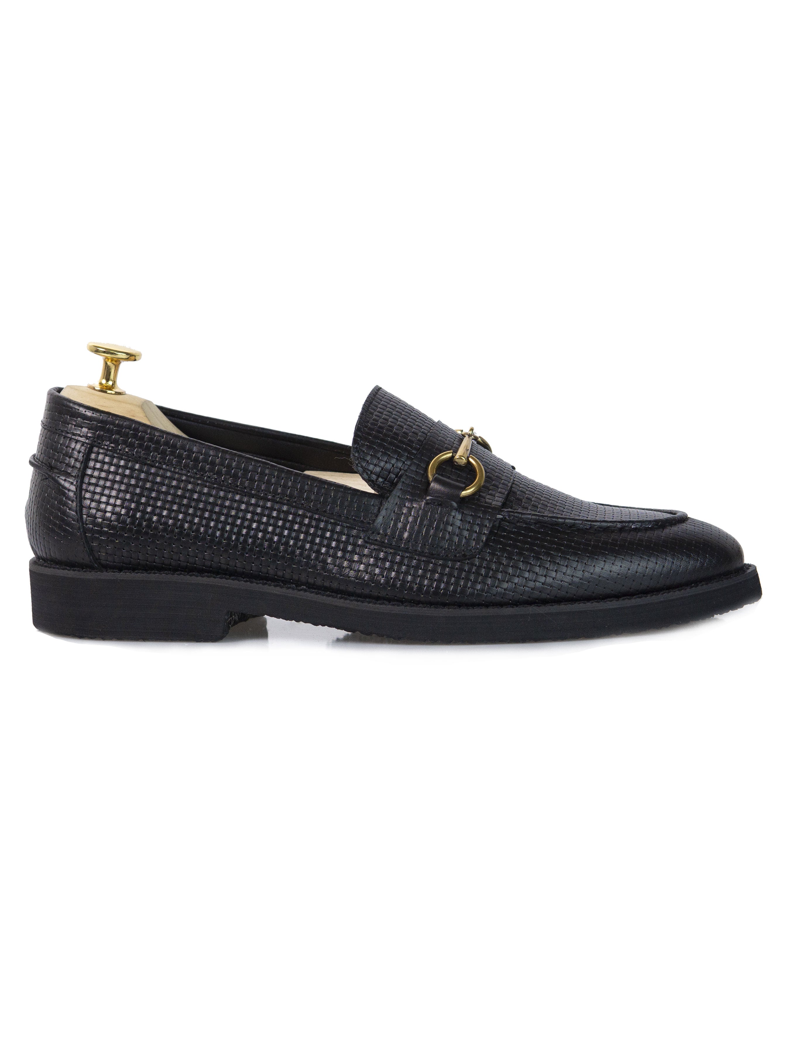 Penny Loafer Horsebit Buckle - Black Woven Leather (Crepe Sole) - Zeve Shoes