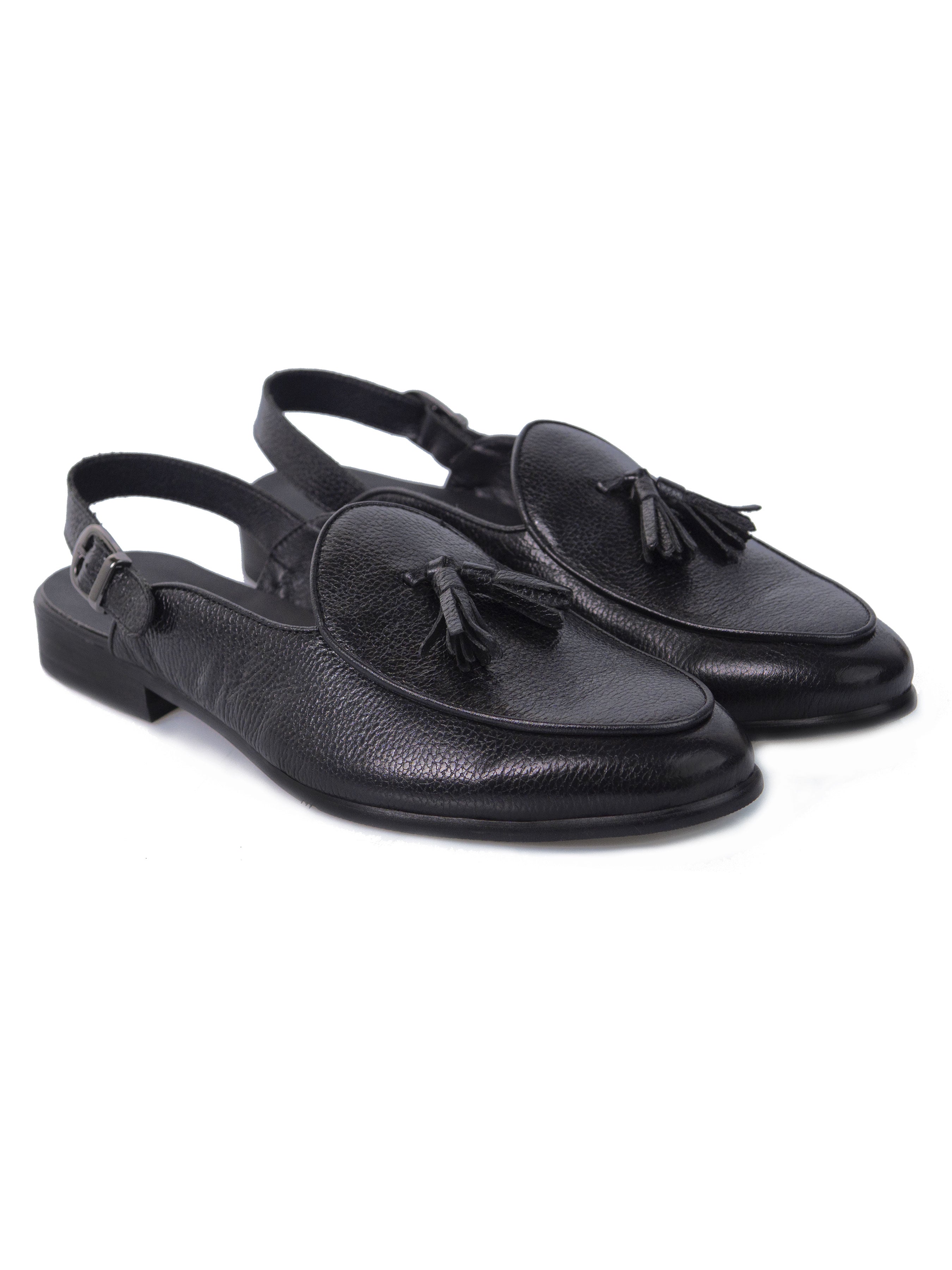 Mules Belgian Tassel Slingback Strap - Black Pebble Grain Leather - Zeve Shoes