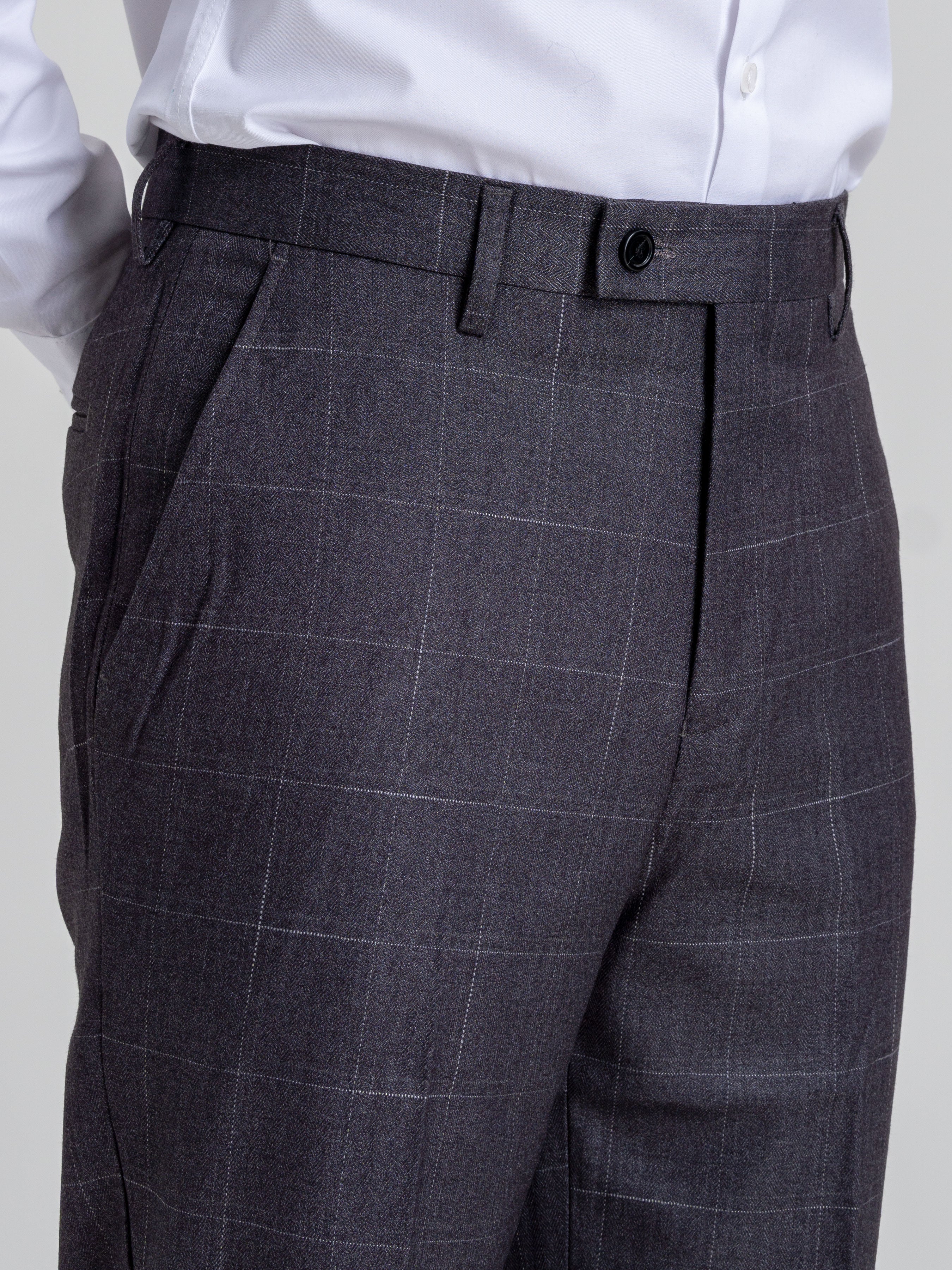 Trousers With Belt Loop -  Grey Windowpane Checkered (Stretchable) - Zeve Shoes