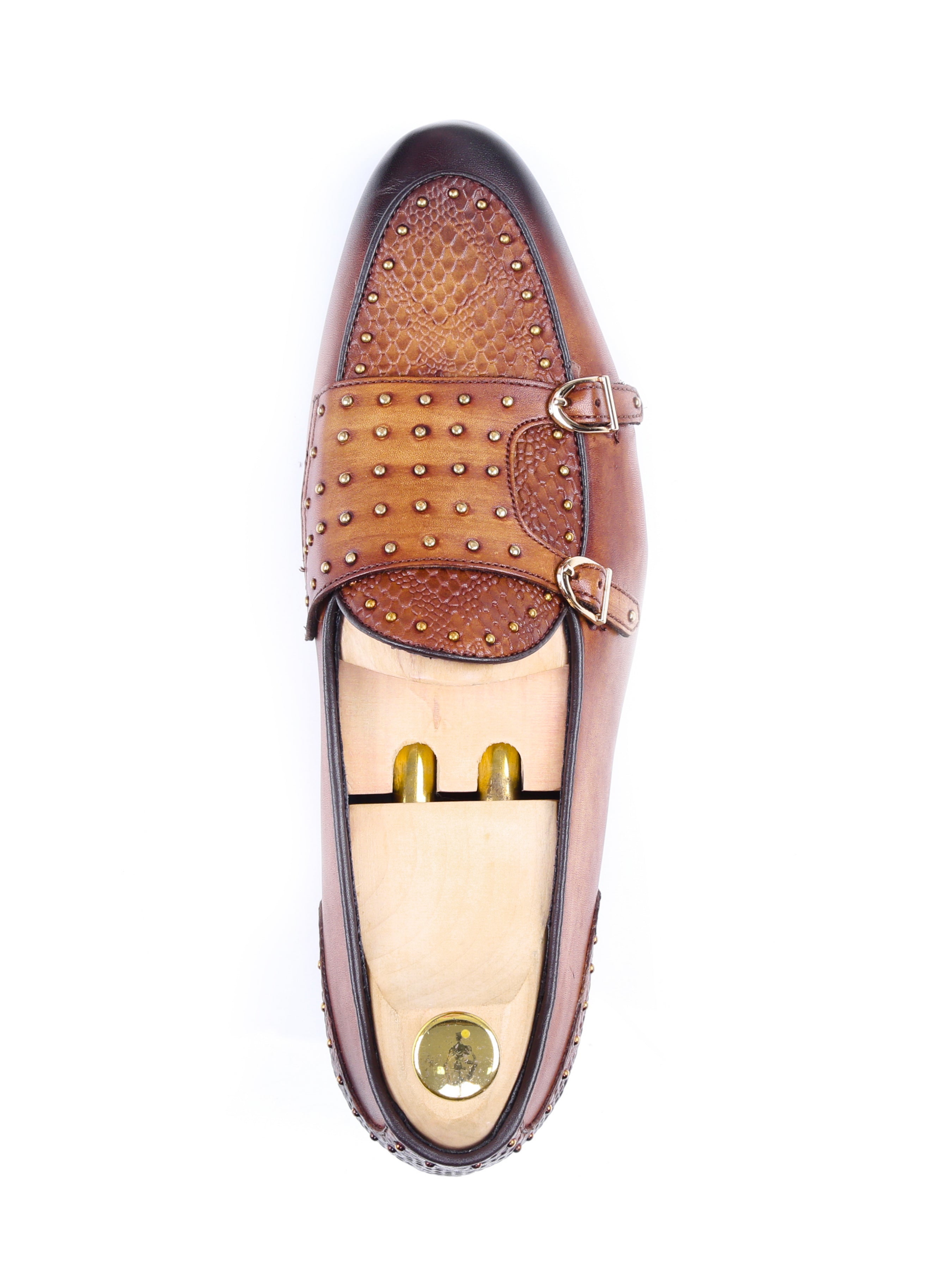 Belgian Loafer - Cognac Tan Snake Skin Double Monk Strap with Studded (Hand Painted Patina) - Zeve Shoes