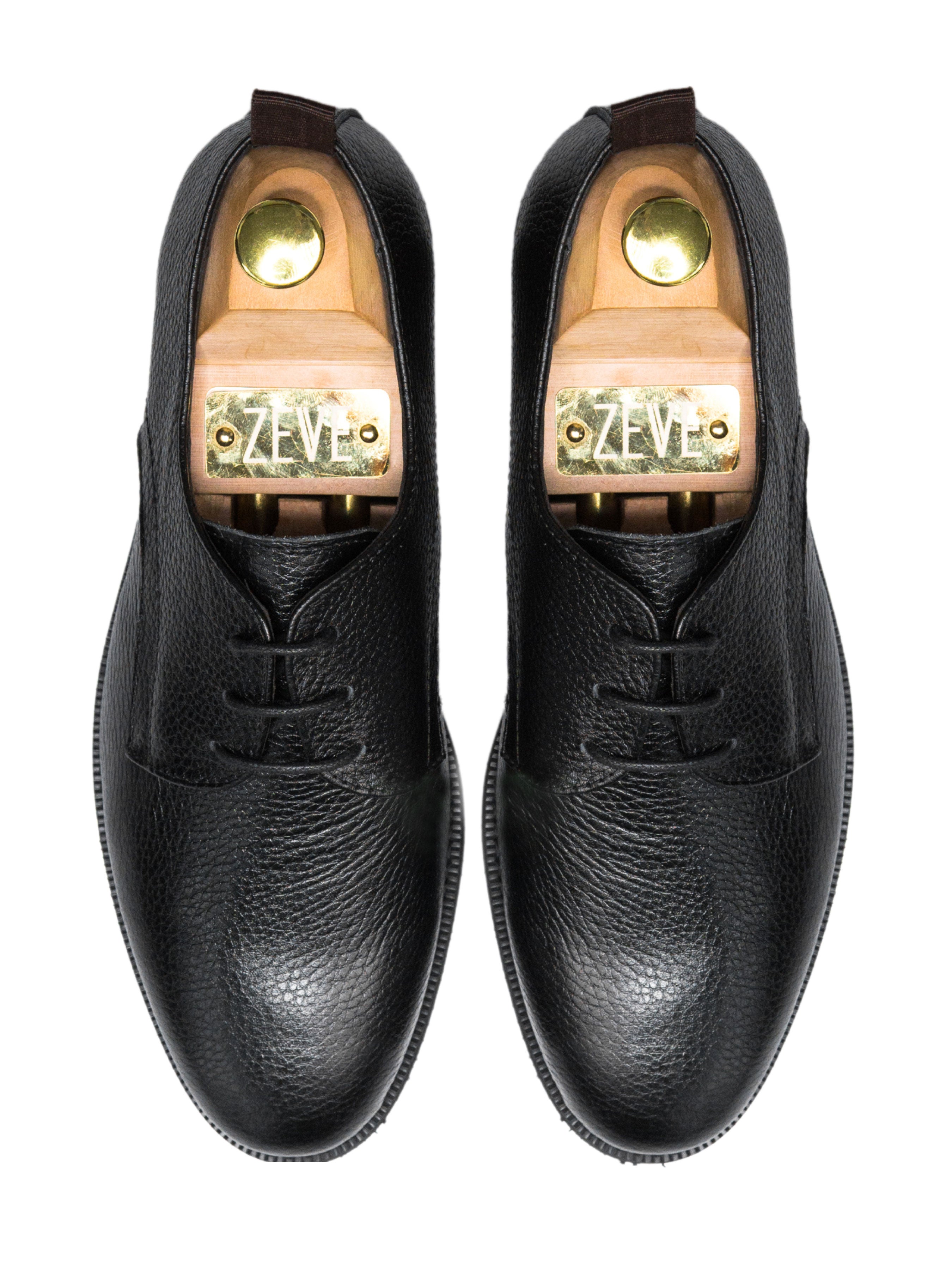 Derby Lace Up - Black Pebble Grain Leather (Crepe Sole) - Zeve Shoes