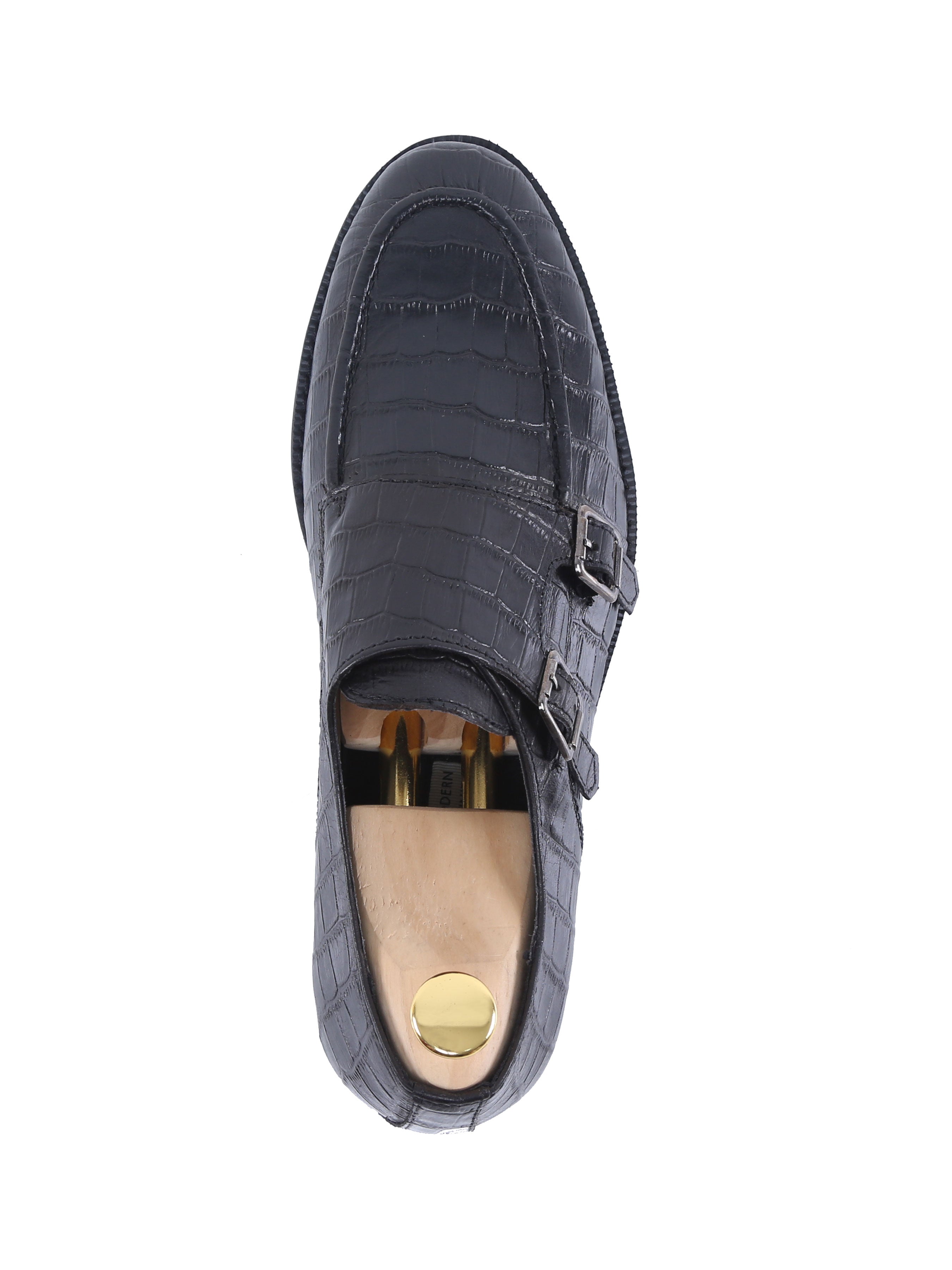 Double Monk Strap - Black Croco Leather (Crepe Sole) - Zeve Shoes