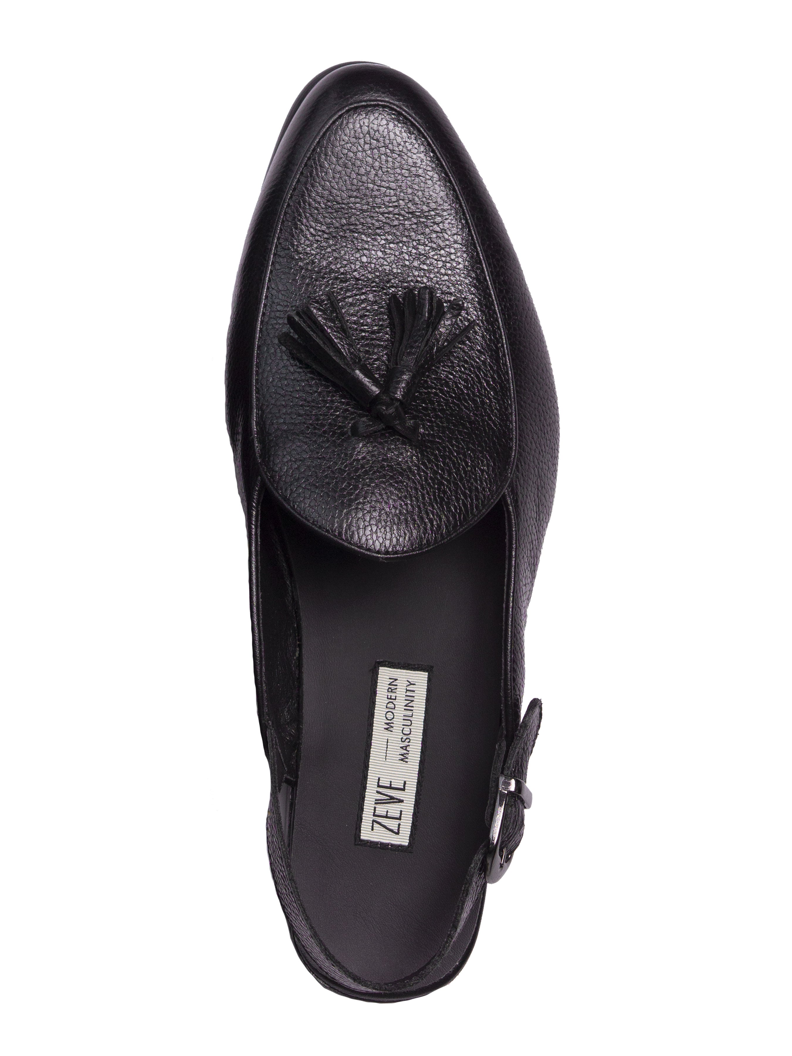Mules Belgian Tassel Slingback Strap - Black Pebble Grain Leather - Zeve Shoes