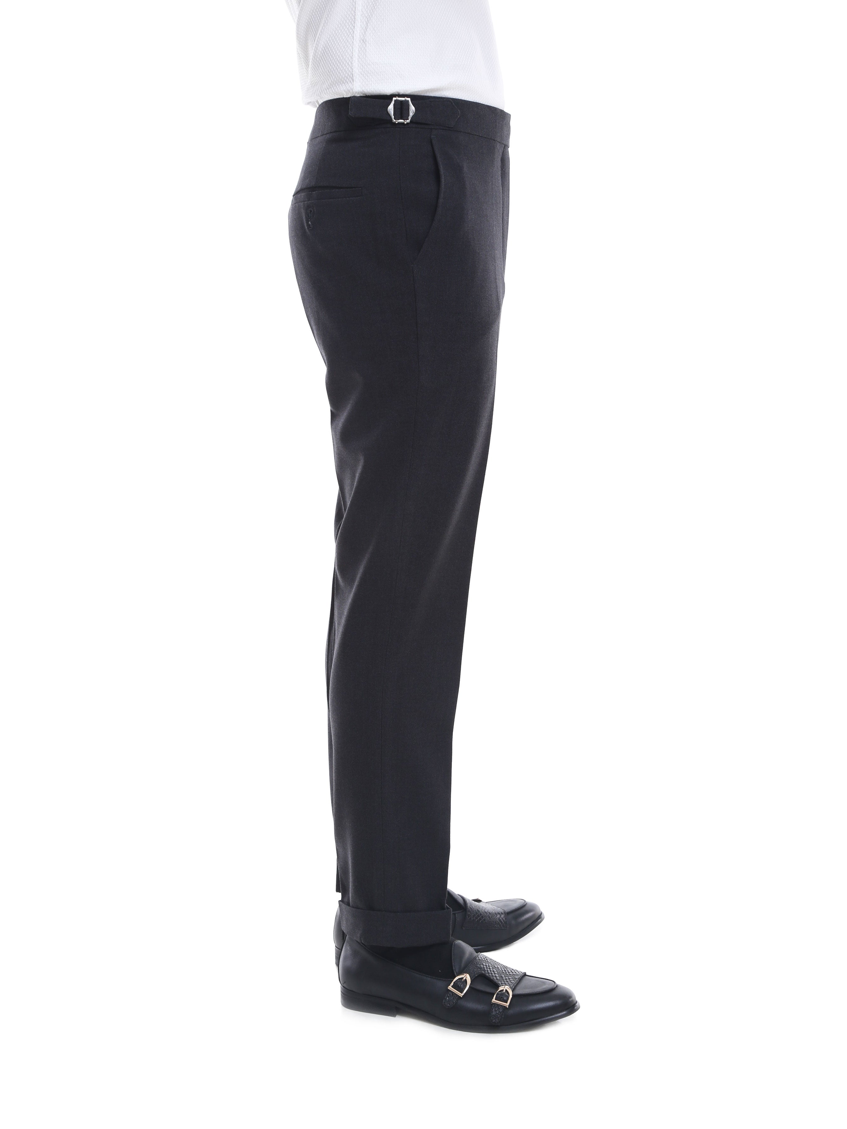 Trousers With Side Adjusters - Dark Grey Plain Cuffed (Stretchable) - Zeve Shoes