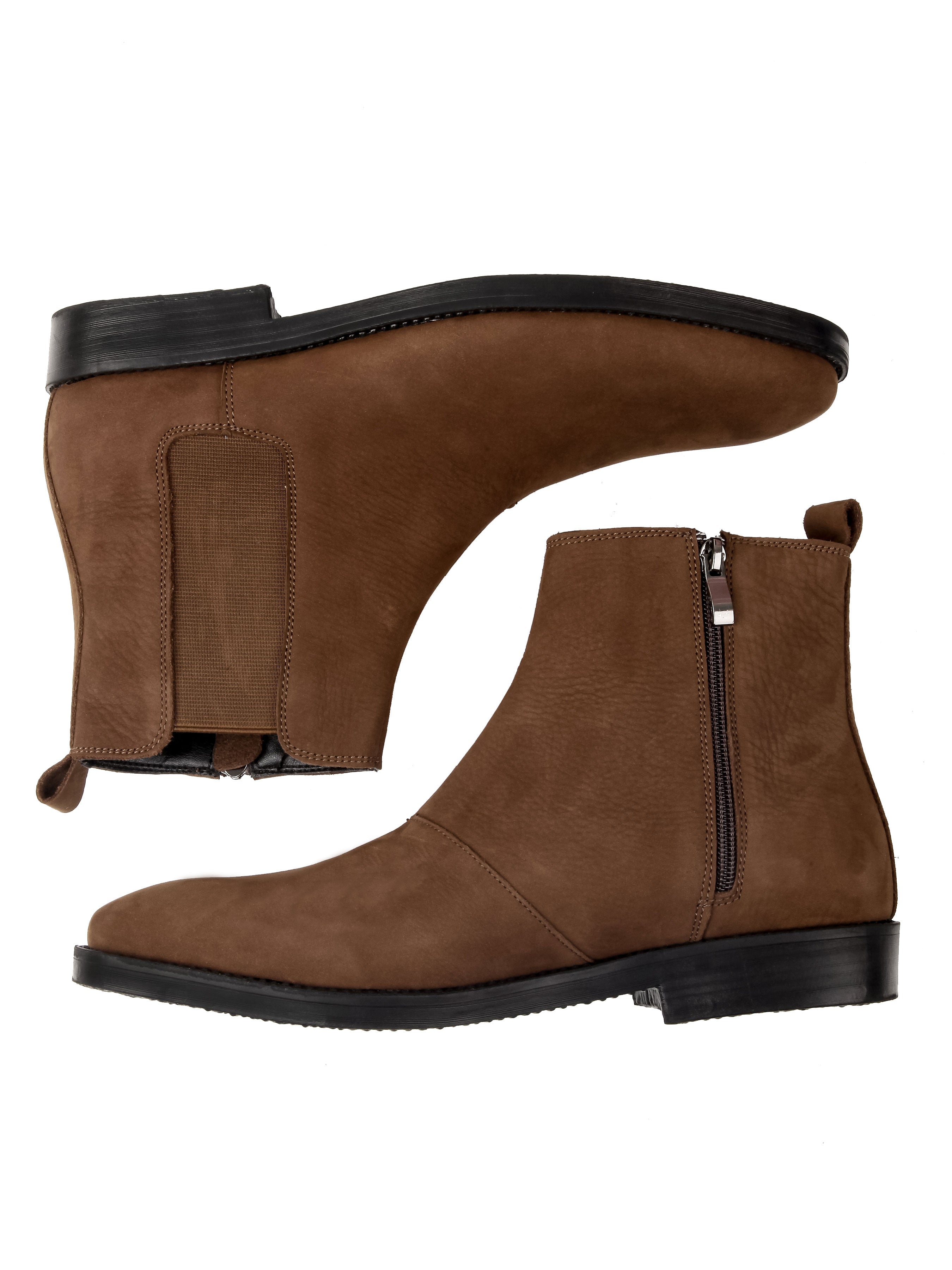 Chelsea Boots With Zipper - Brown Nubuck Leather (Crepe Sole) - Zeve Shoes