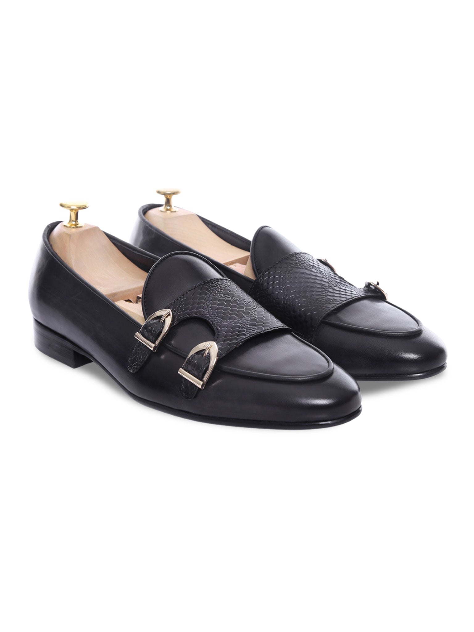 Belgian Loafer - Black Grey Snake Skin Double Monk Strap (Hand Painted Patina) - Zeve Shoes