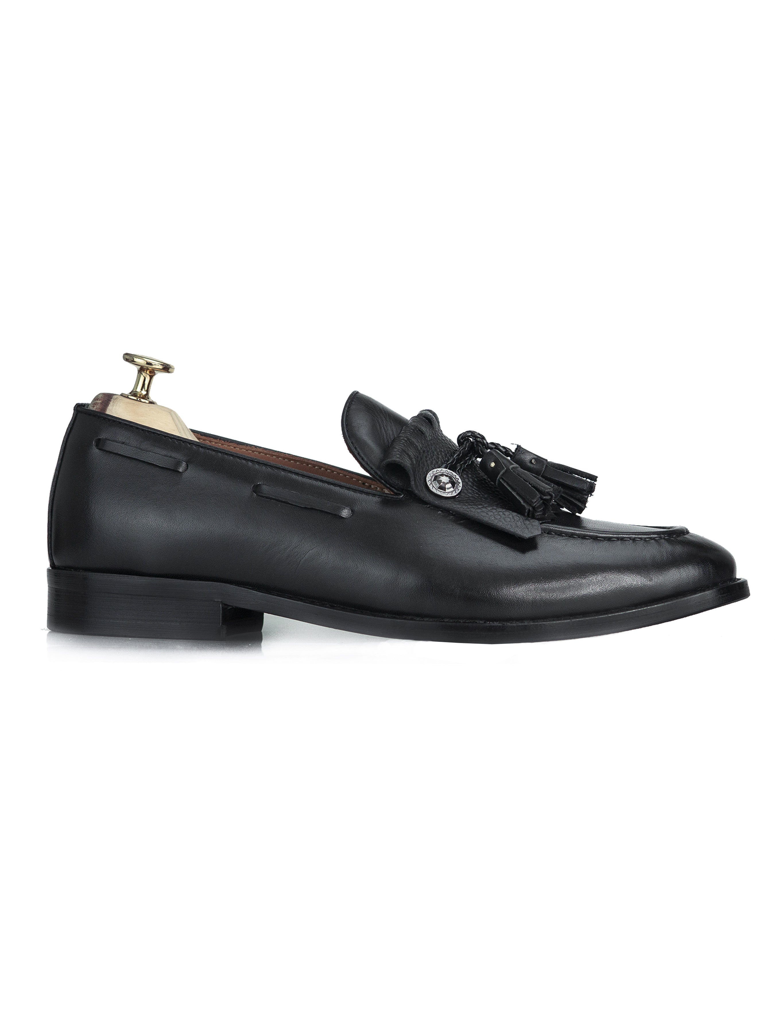 Fringe Ribbon Loafer - Black with Tassel (Hand Painted Patina) - Zeve Shoes