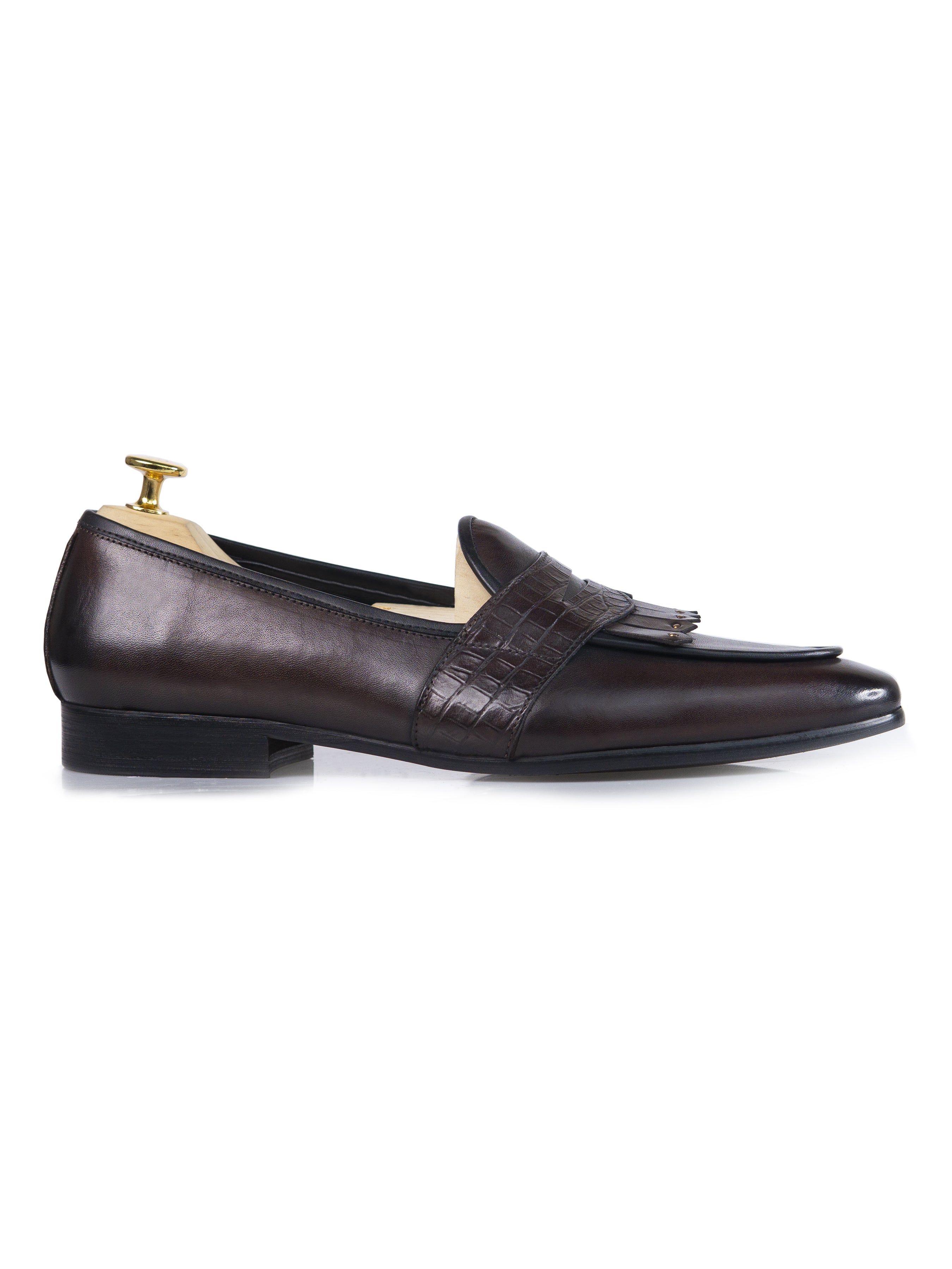 Belgian Loafer - Dark Brown Phyton Penny Strap with Studded Fringe (Hand Painted Patina) - Zeve Shoes