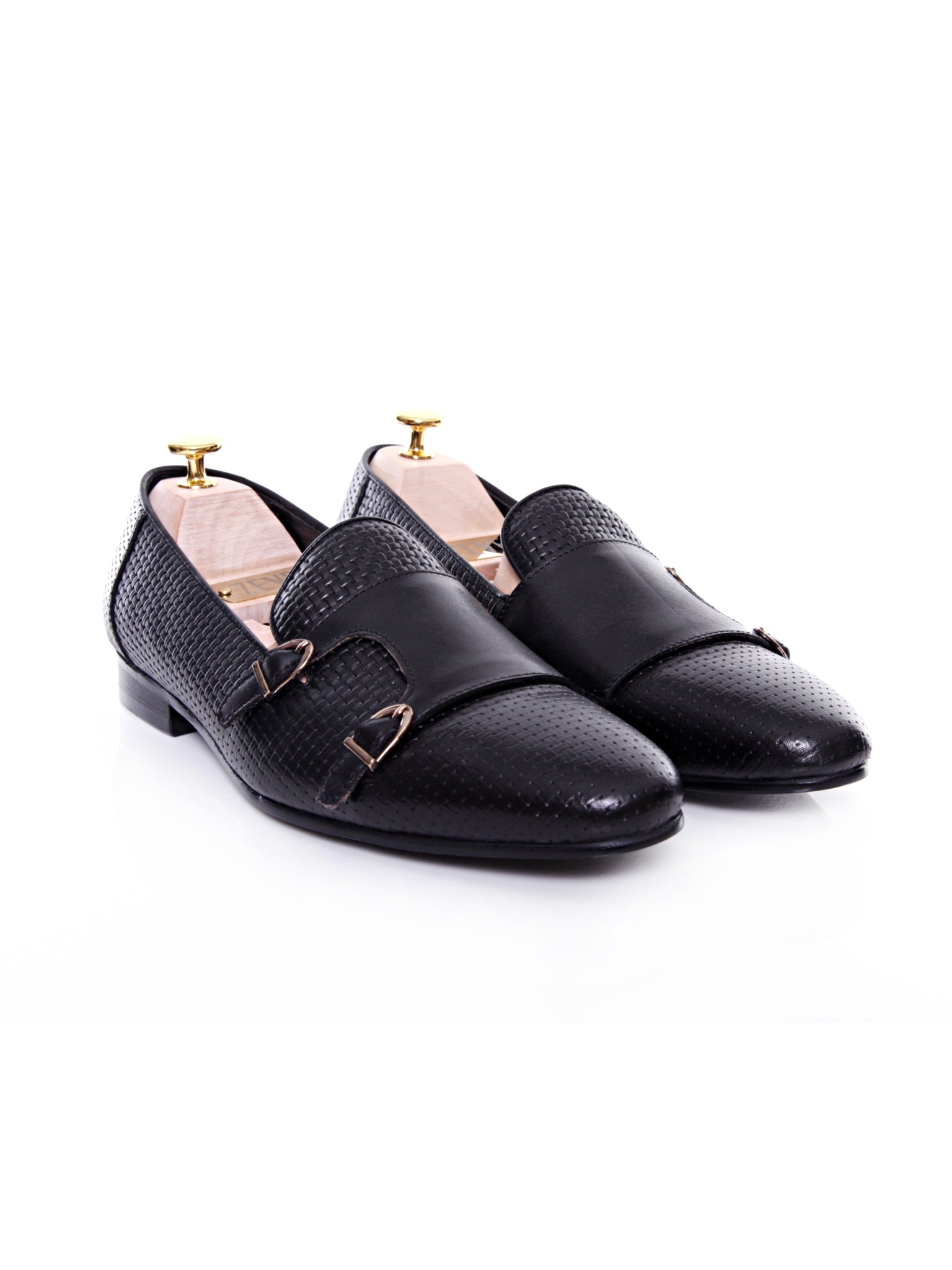 Loafer Slipper - Black Double Monk Strap with Woven Leather - Zeve Shoes
