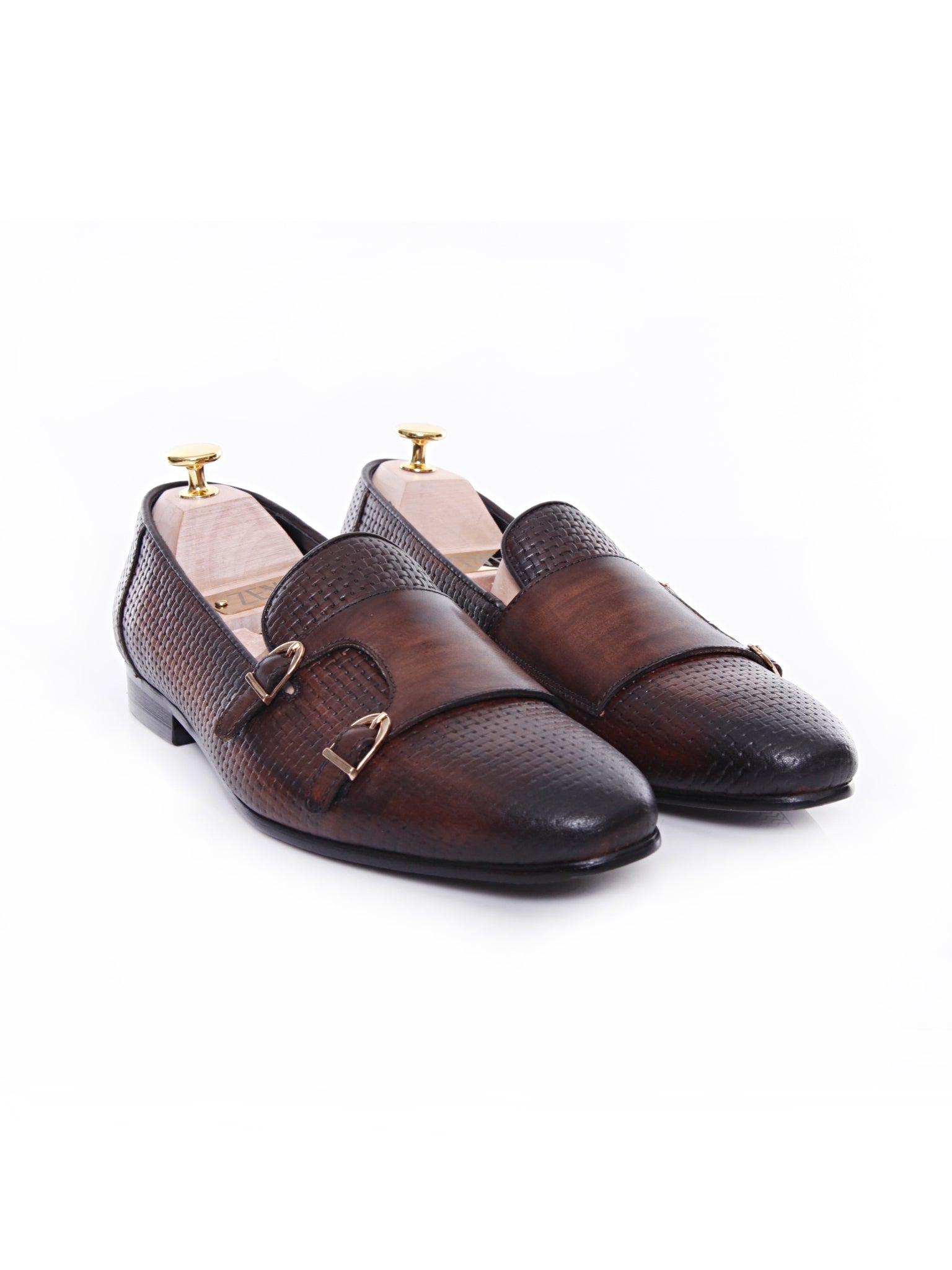 Loafer Slipper - Dark Brown Double Monk Strap with Woven Leather (Hand Painted Patina) - Zeve Shoes