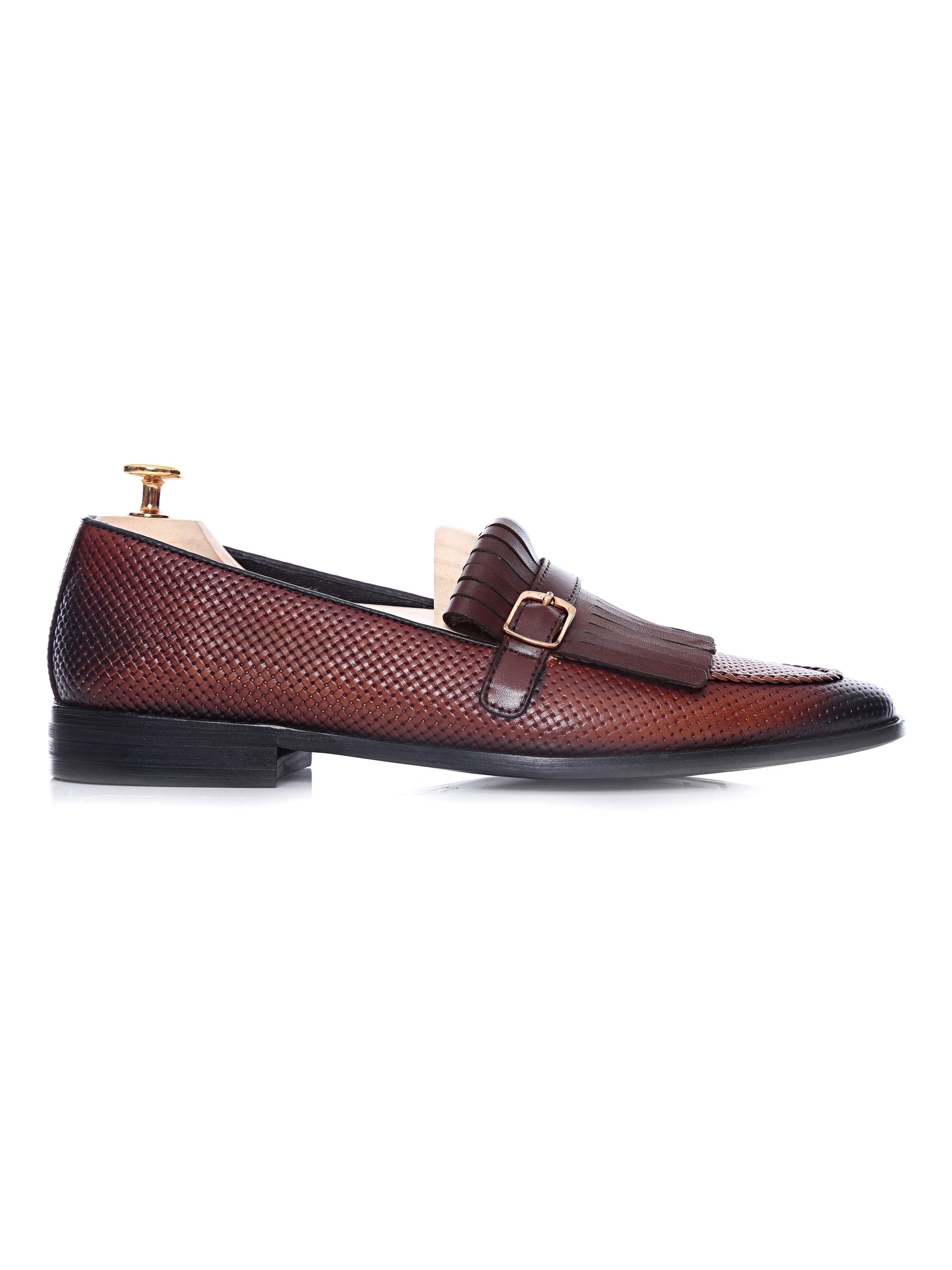 Fringe Kiltie Loafer - Cognac Tan Woven Leather with Side Buckle (Hand Painted Patina) - Zeve Shoes