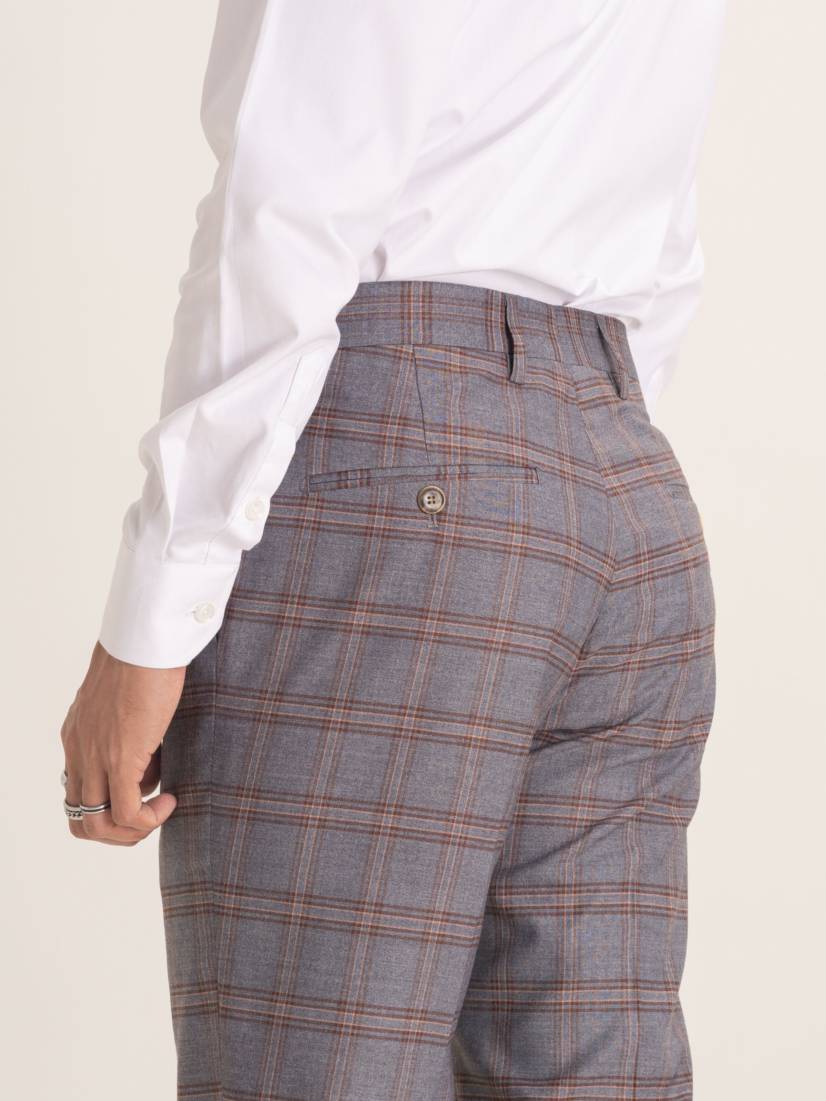 Trousers With Belt Loop - Grey with Brown Checkered (Stretchable) - Zeve Shoes