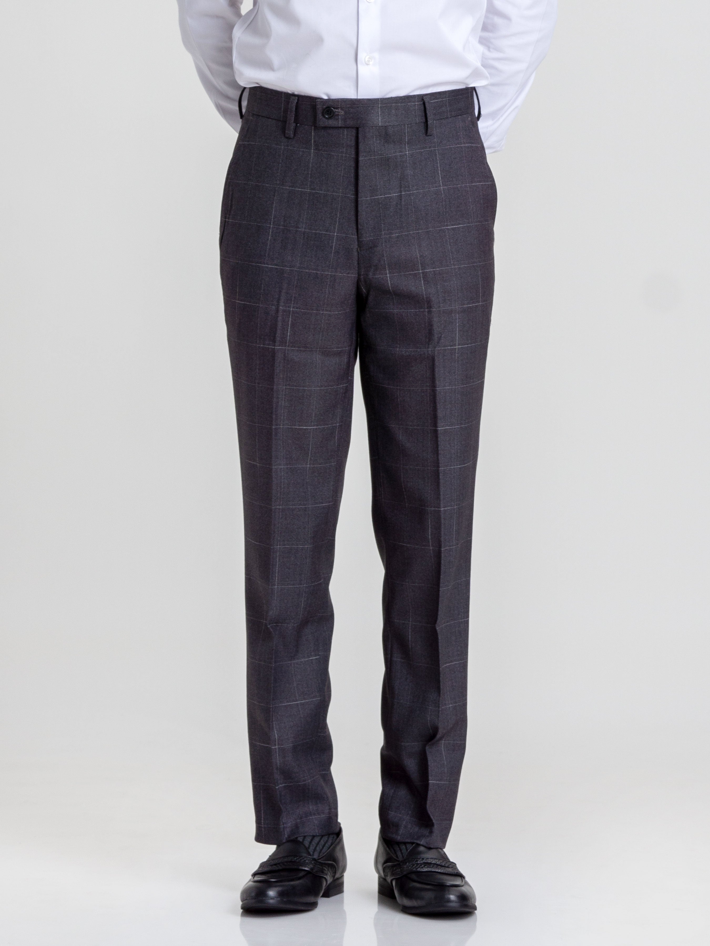 Trousers With Belt Loop -  Grey Windowpane Checkered (Stretchable) - Zeve Shoes