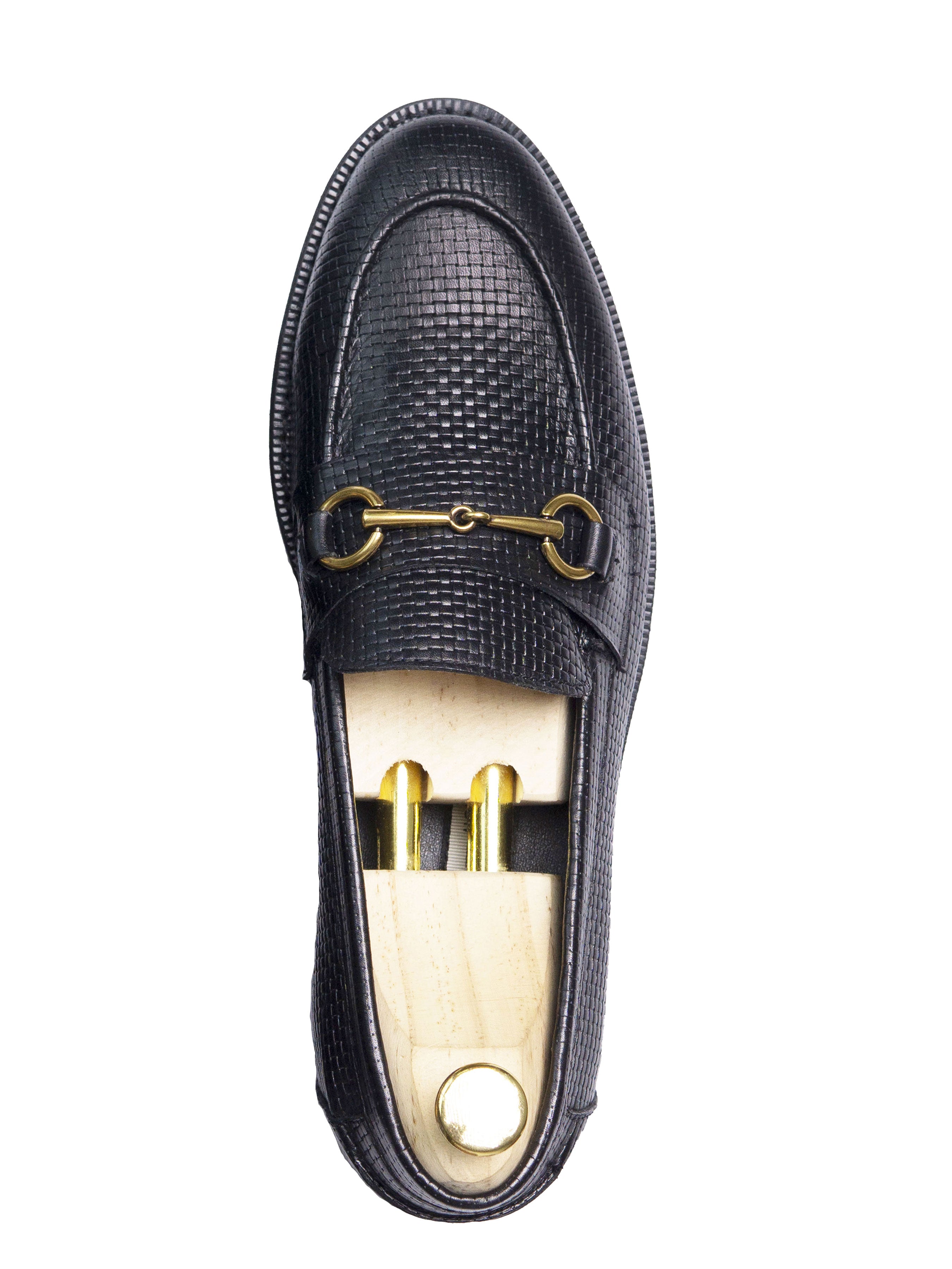 Penny Loafer Horsebit Buckle - Black Woven Leather (Crepe Sole) - Zeve Shoes