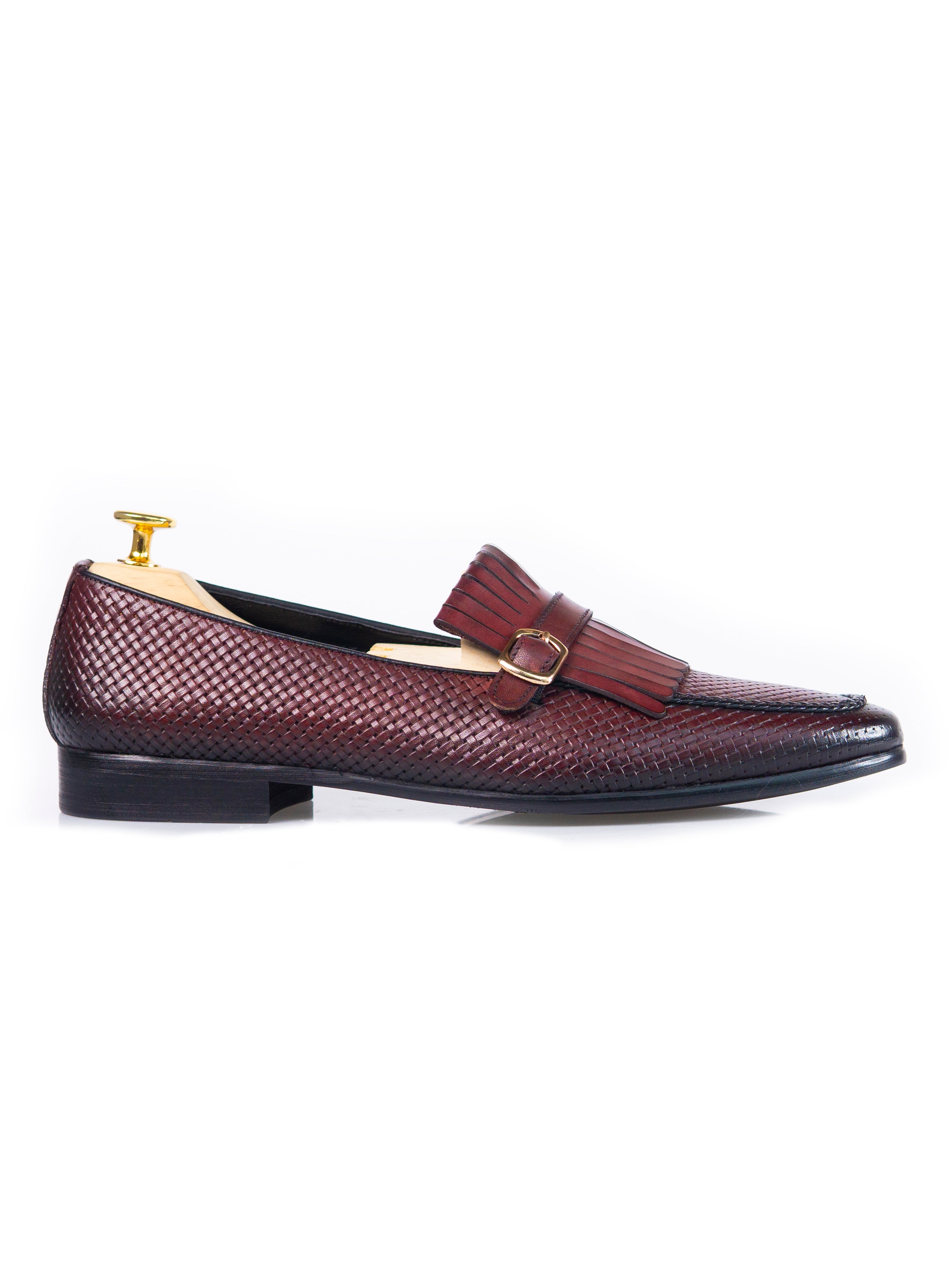 Fringe Kiltie Loafer - Red Burgundy Woven Leather with Side Buckle (Hand Painted Patina)