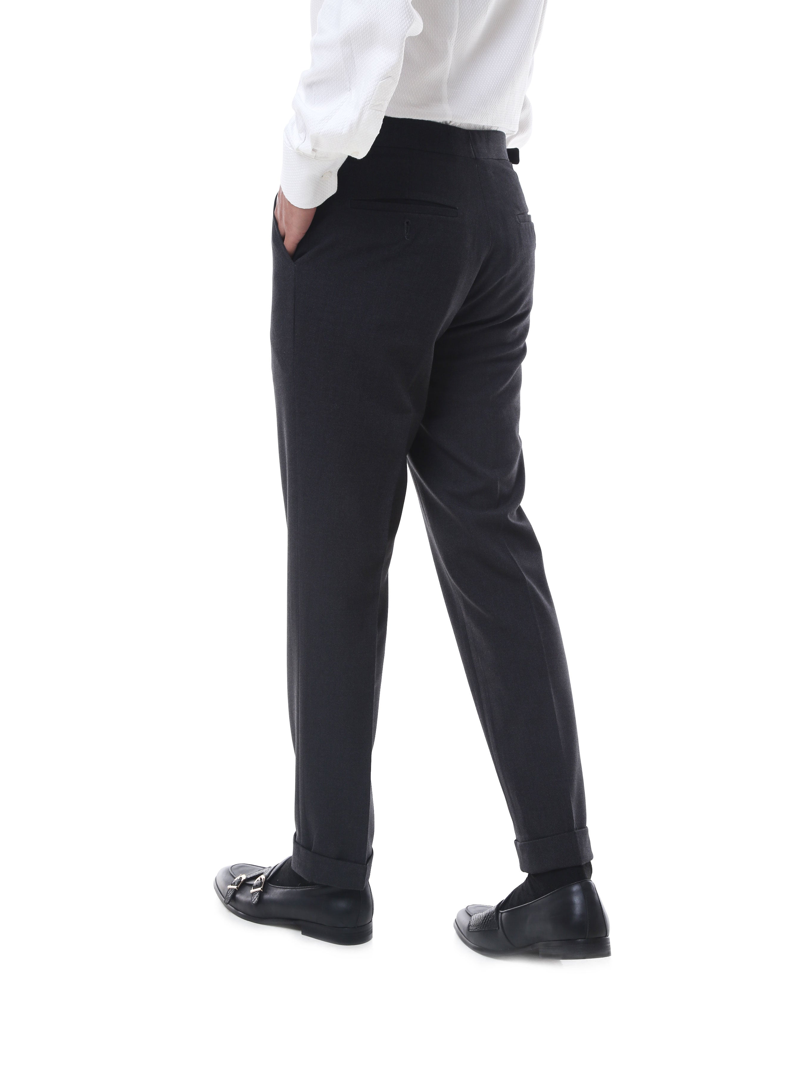 Trousers With Side Adjusters - Dark Grey Plain Cuffed (Stretchable ...
