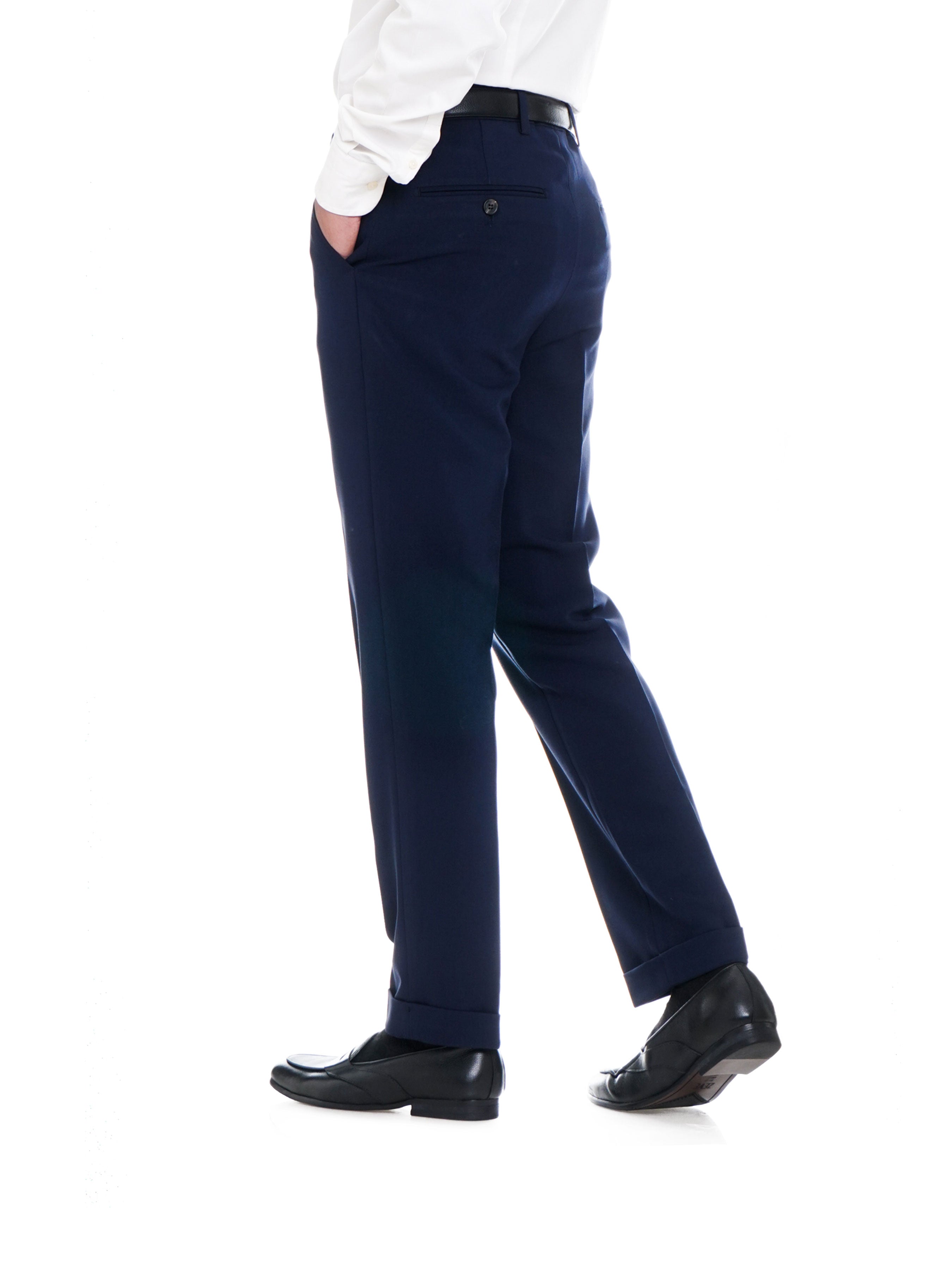 Trousers With Belt Loop -  Navy Blue Plain Cuffed (Stretchable) - Zeve Shoes