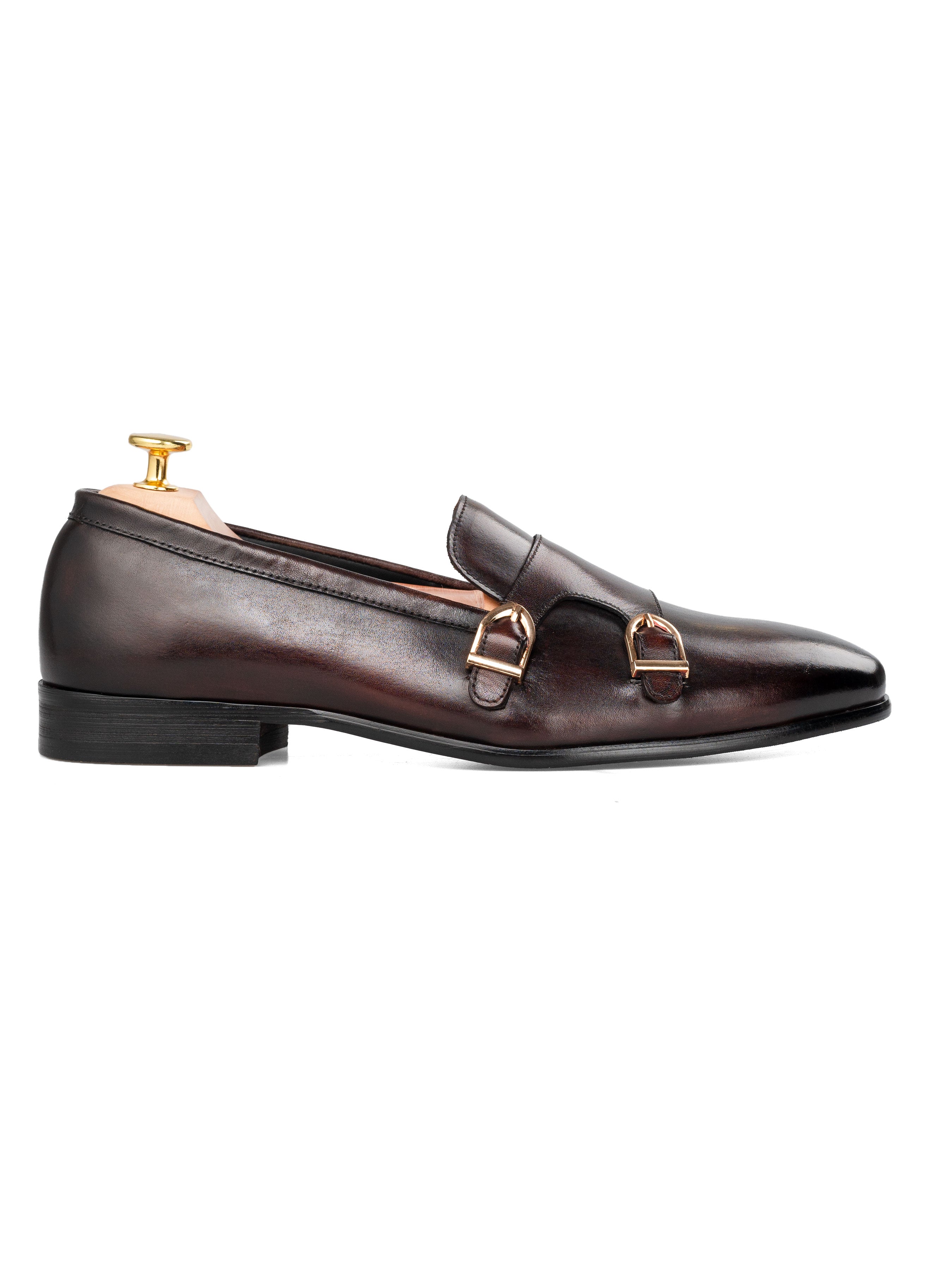 Alfeo Loafer Slipper - Dark Brown Double Monk Strap (Hand Painted Patina)