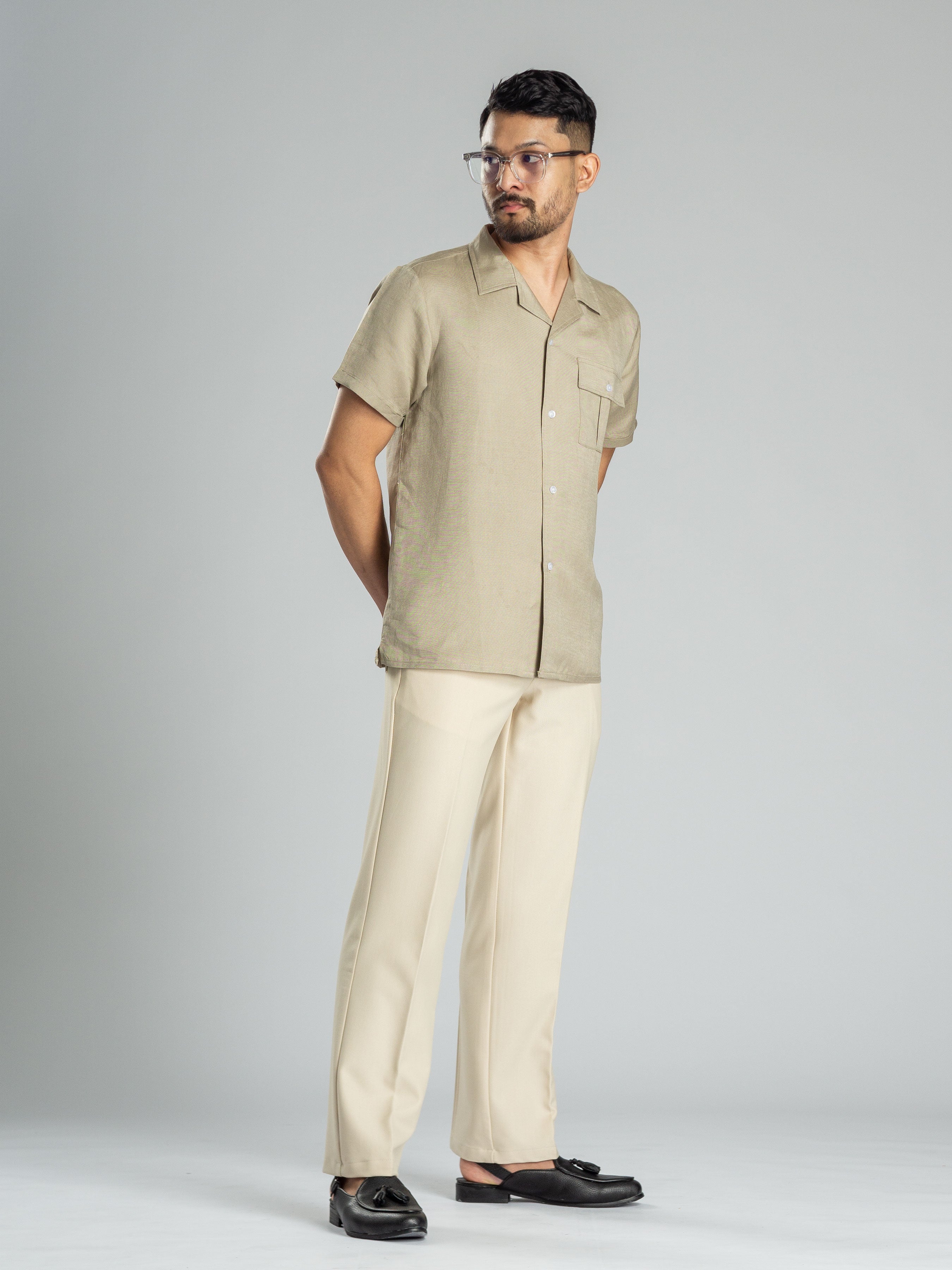 Linen Cuban Collar Shirt - Beige - Zeve Shoes