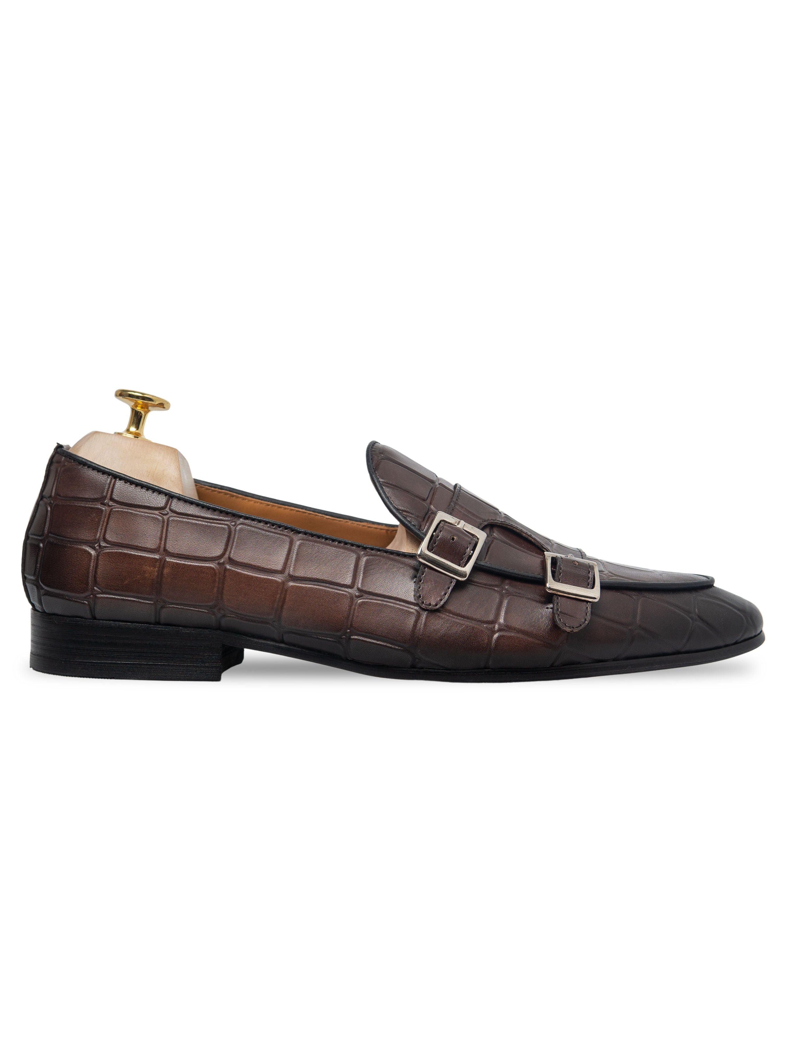 Belgian Loafer - Dark Brown Croco Double Monk Strap - Zeve Shoes