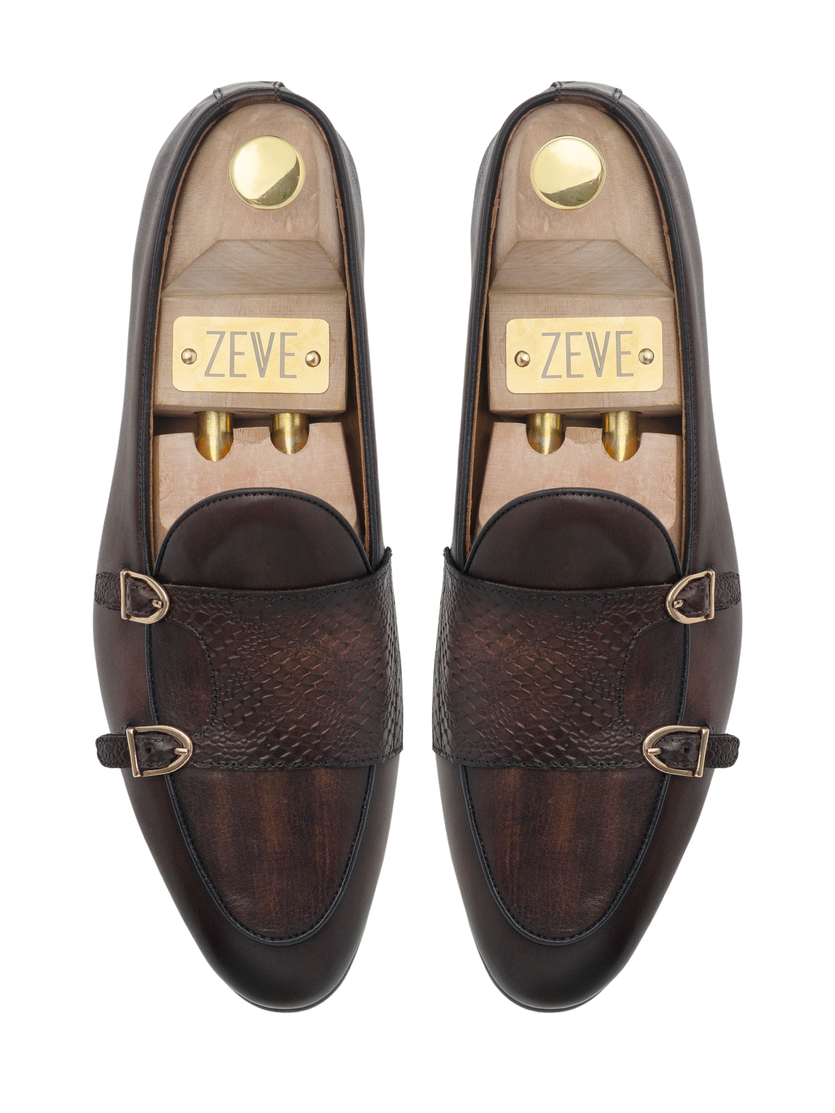 Belgian Loafer - Dark Brown Snake Skin Double Monk Strap (Hand Painted Patina) - Zeve Shoes