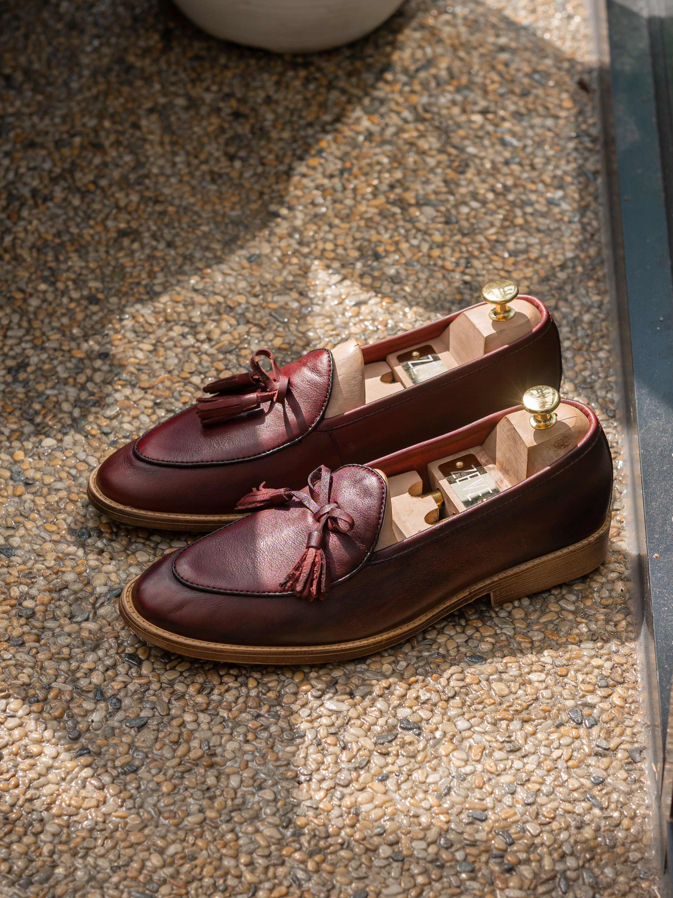 Belgian Loafer with Ribbon Tassel - Red Burgundy Leather (Flexi-Sole) - Zeve Shoes