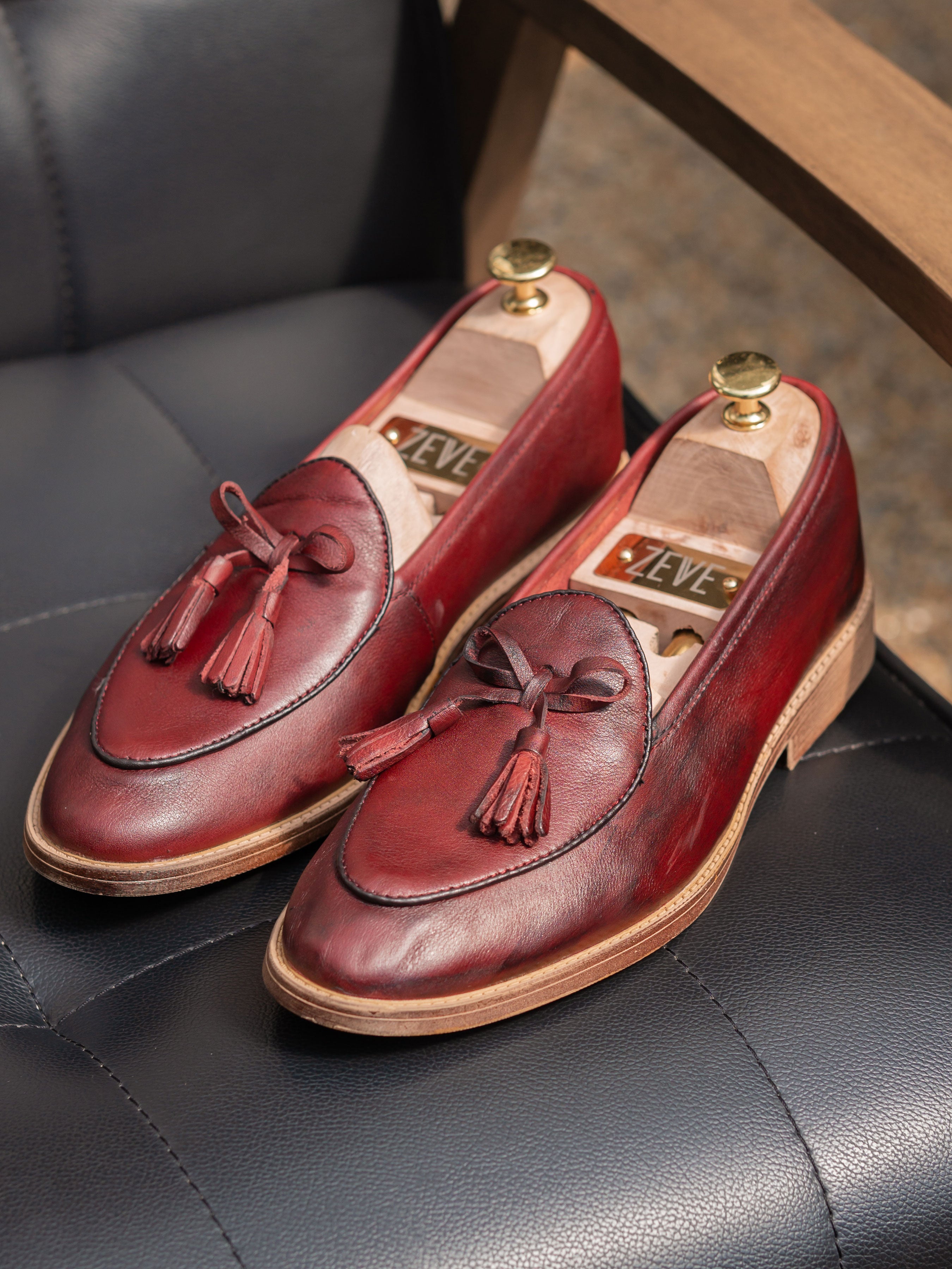 Belgian Loafer with Ribbon Tassel - Red Burgundy Leather (Flexi-Sole) - Zeve Shoes
